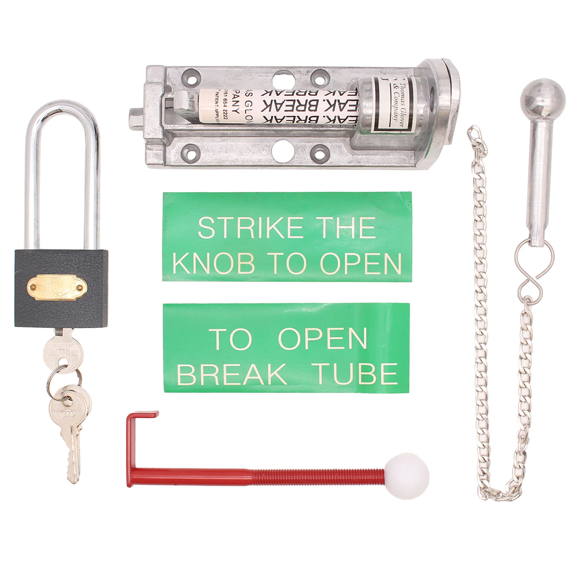 Emergency Exit Break Glass Panic Bolt Kit with Ceramic Tube & Padlock