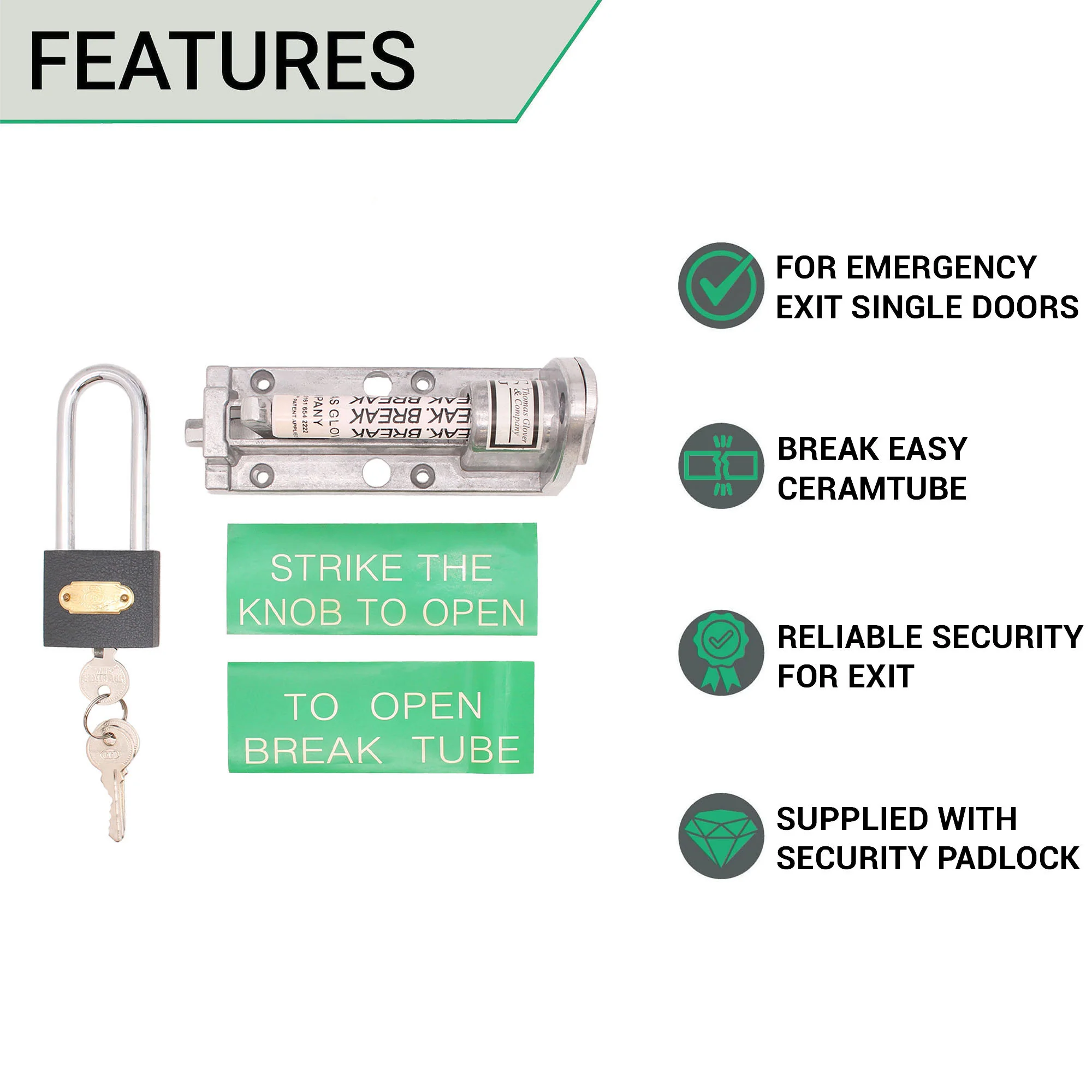 Emergency Exit Break Glass Panic Bolt Kit with Ceramic Tube & Padlock - Image 3