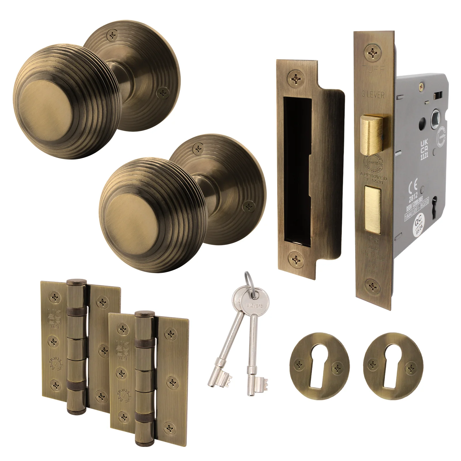 Beehive Antique Brass Mortice Door Knob Kit - 80mm Sashlock