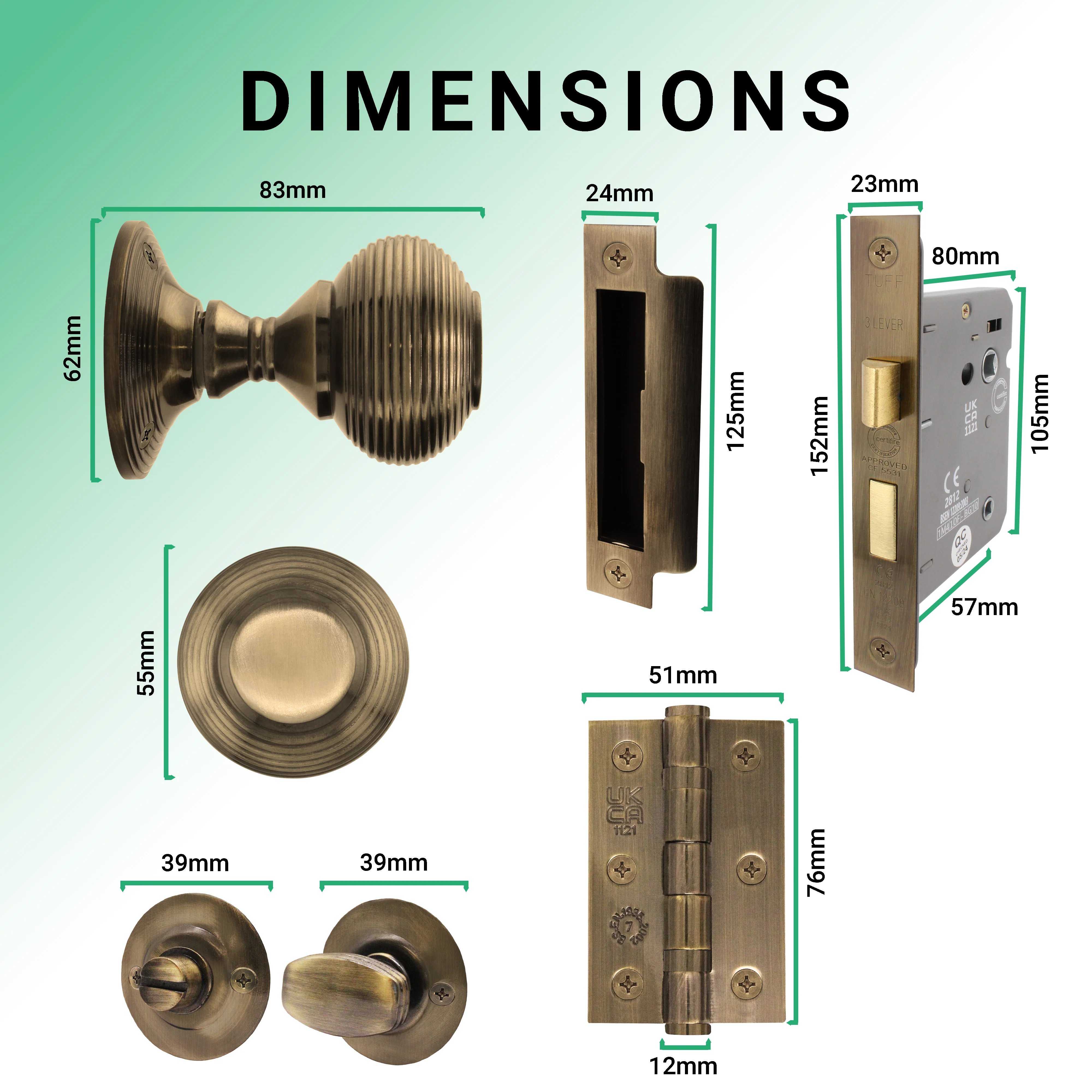 Beehive Antique Brass Mortice Door Knob Kit - 80mm Bathroom Lock - Image 3