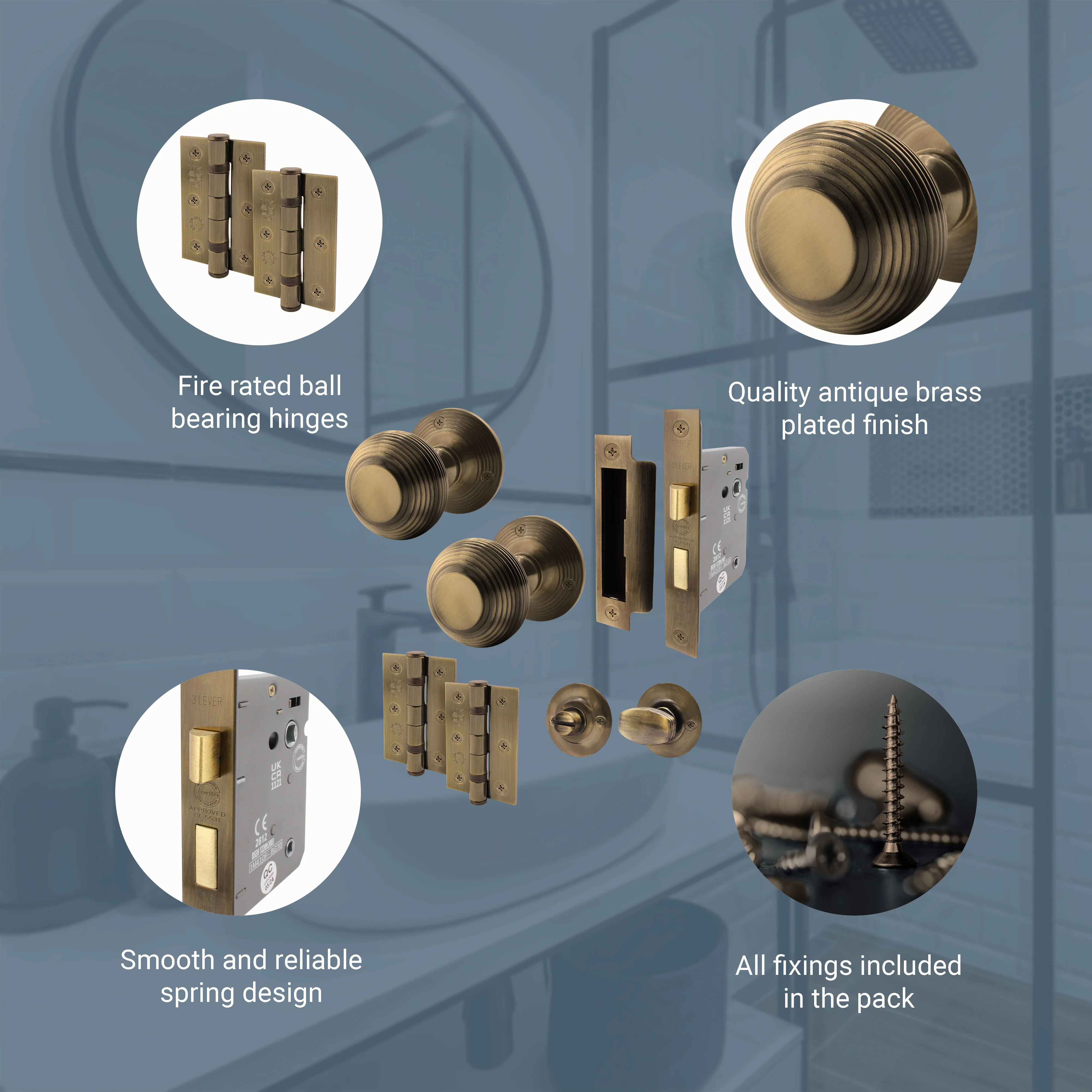 Beehive Antique Brass Mortice Door Knob Kit - 80mm Bathroom Lock - Image 4