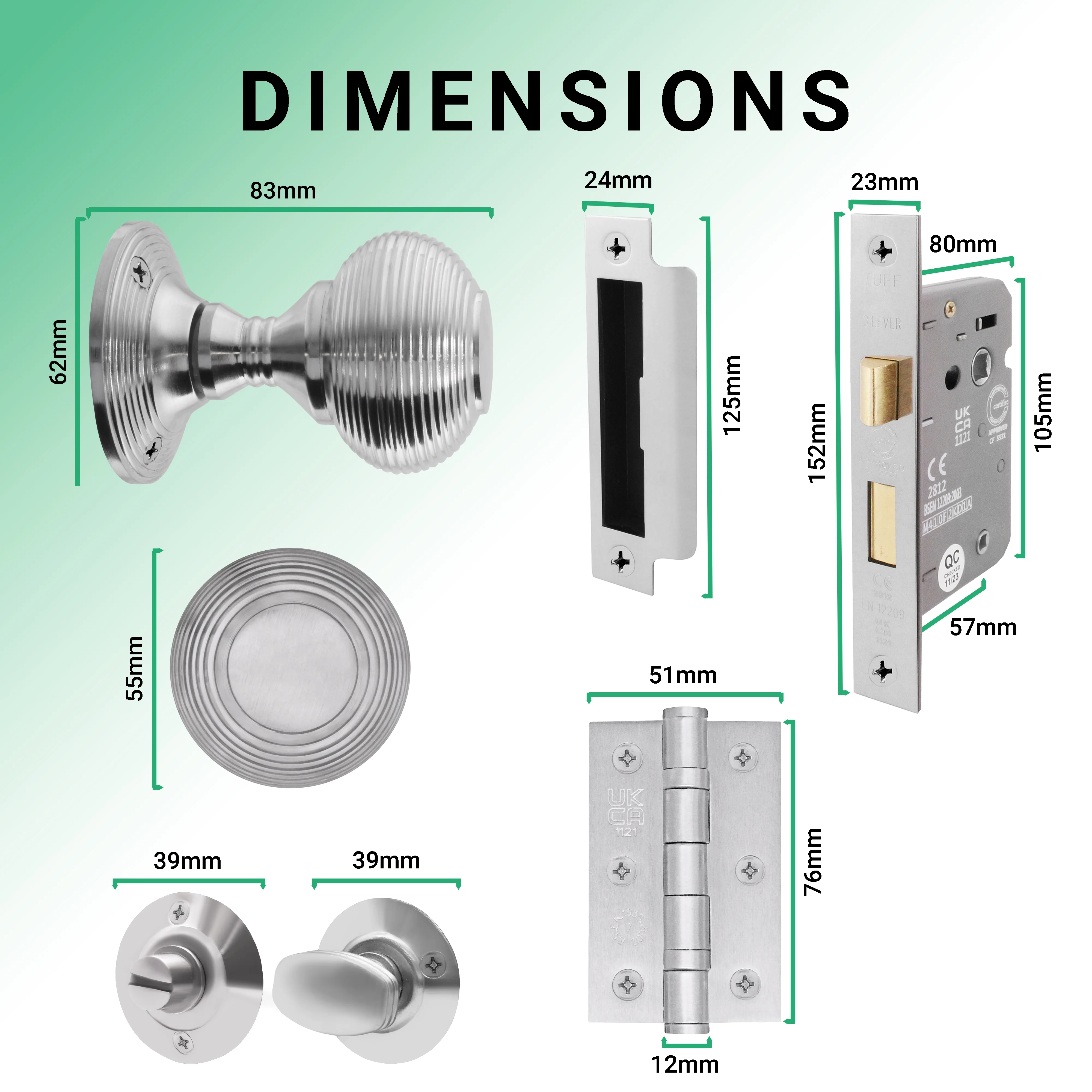 Beehive Satin Chrome Mortice Door Knob Kit - 80mm Bathroom Lock - Image 3