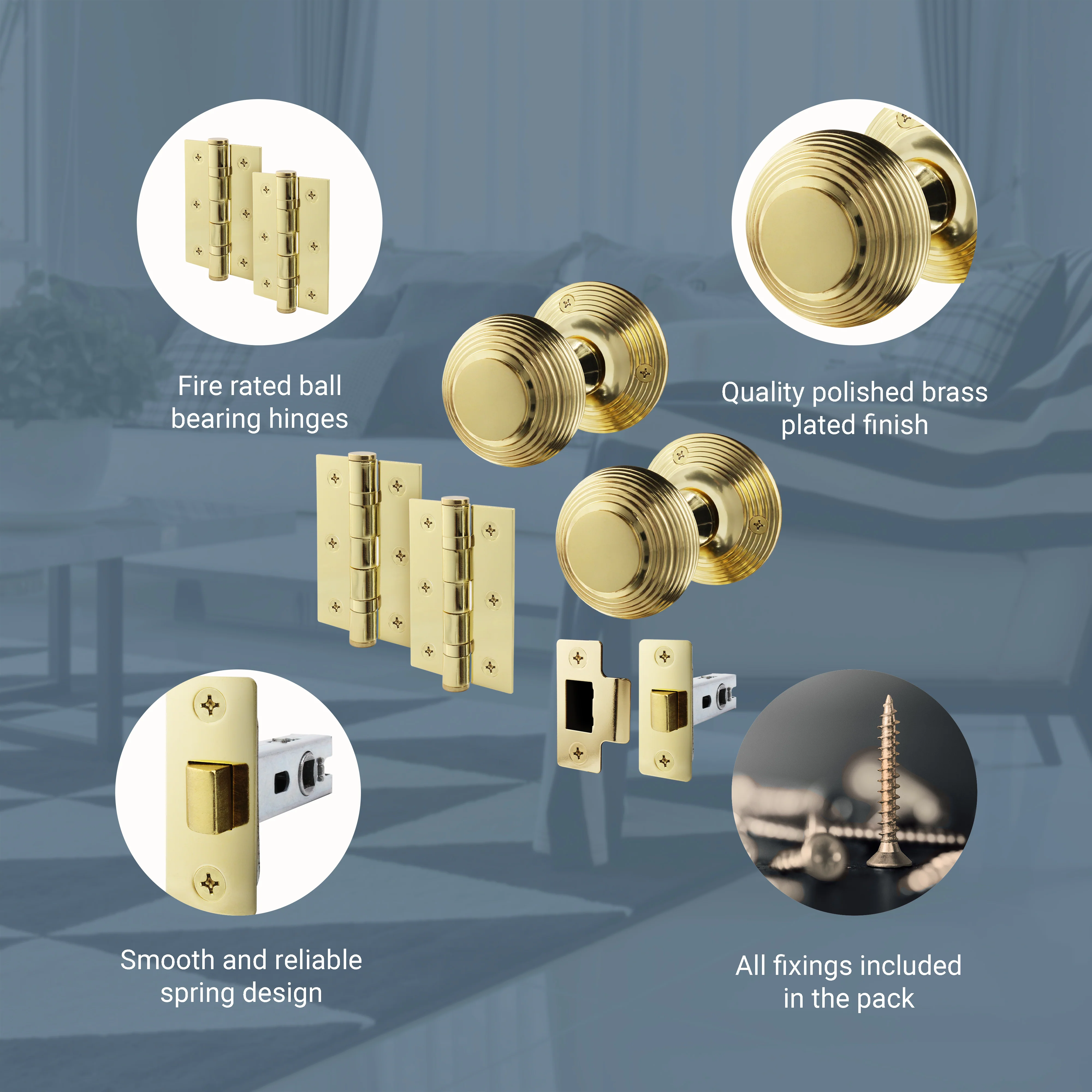 Beehive Polished Brass Mortice Door Knob Kit - 76mm Latch - Image 4