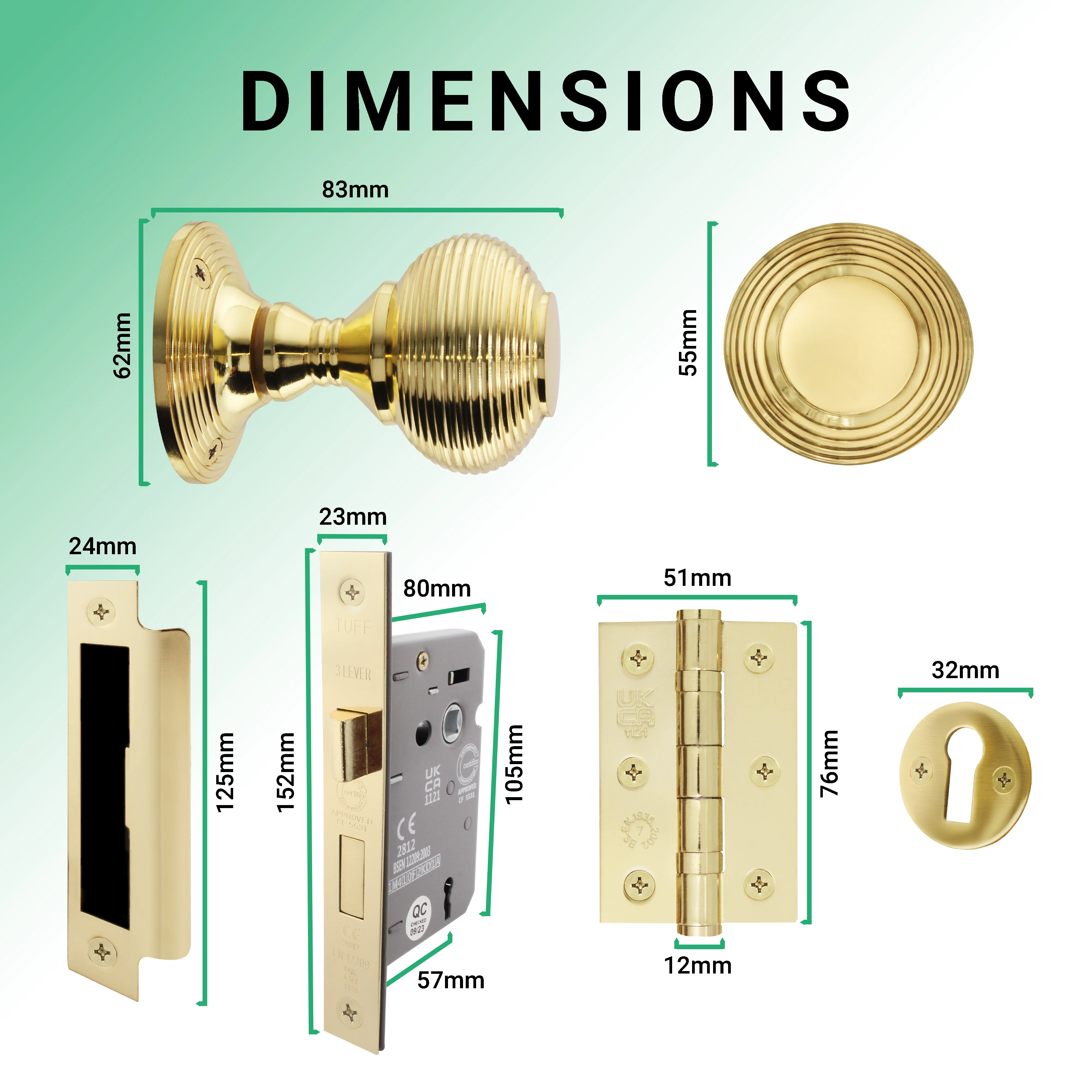 Beehive Polished Brass Mortice Door Knob Kit - 80mm Sashlock - Image 3