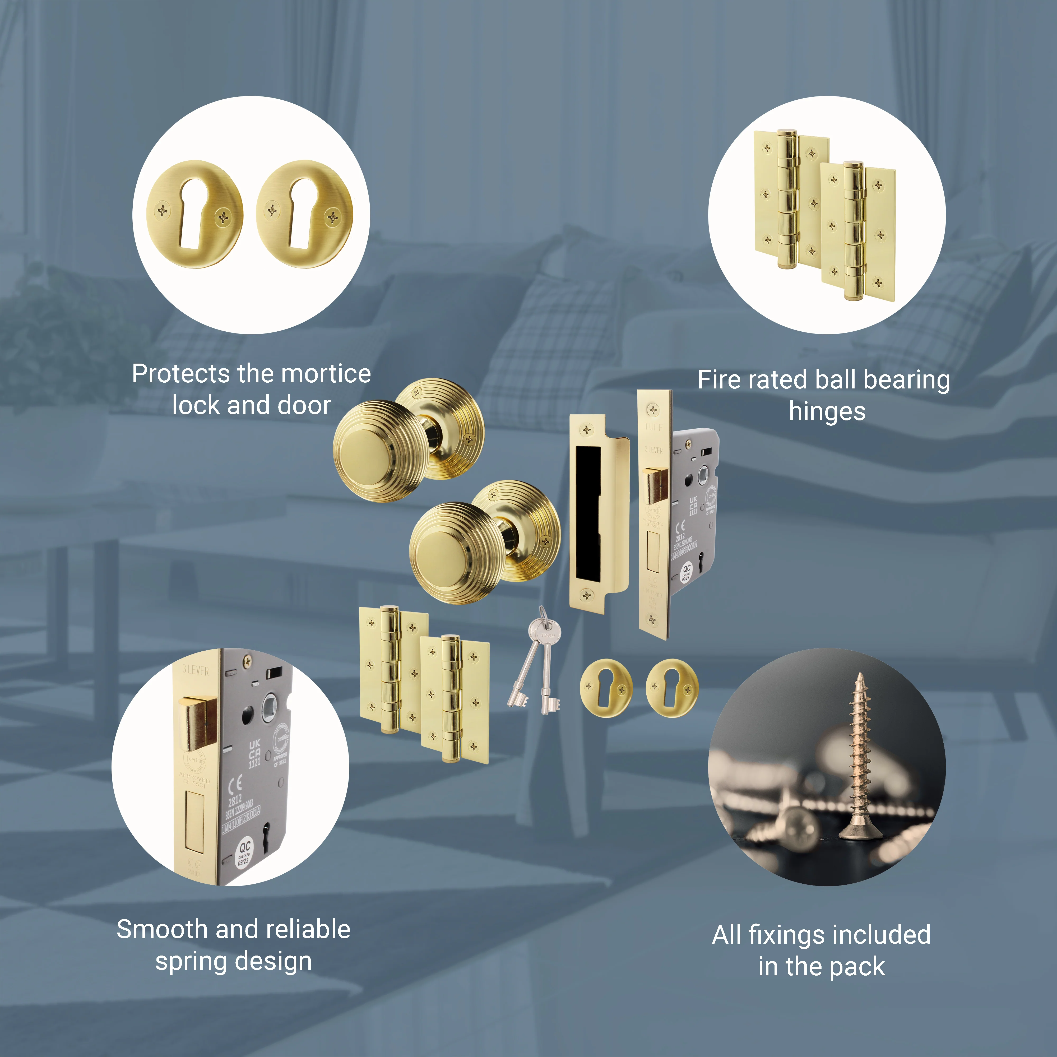 Beehive Polished Brass Mortice Door Knob Kit - 80mm Sashlock - Image 4