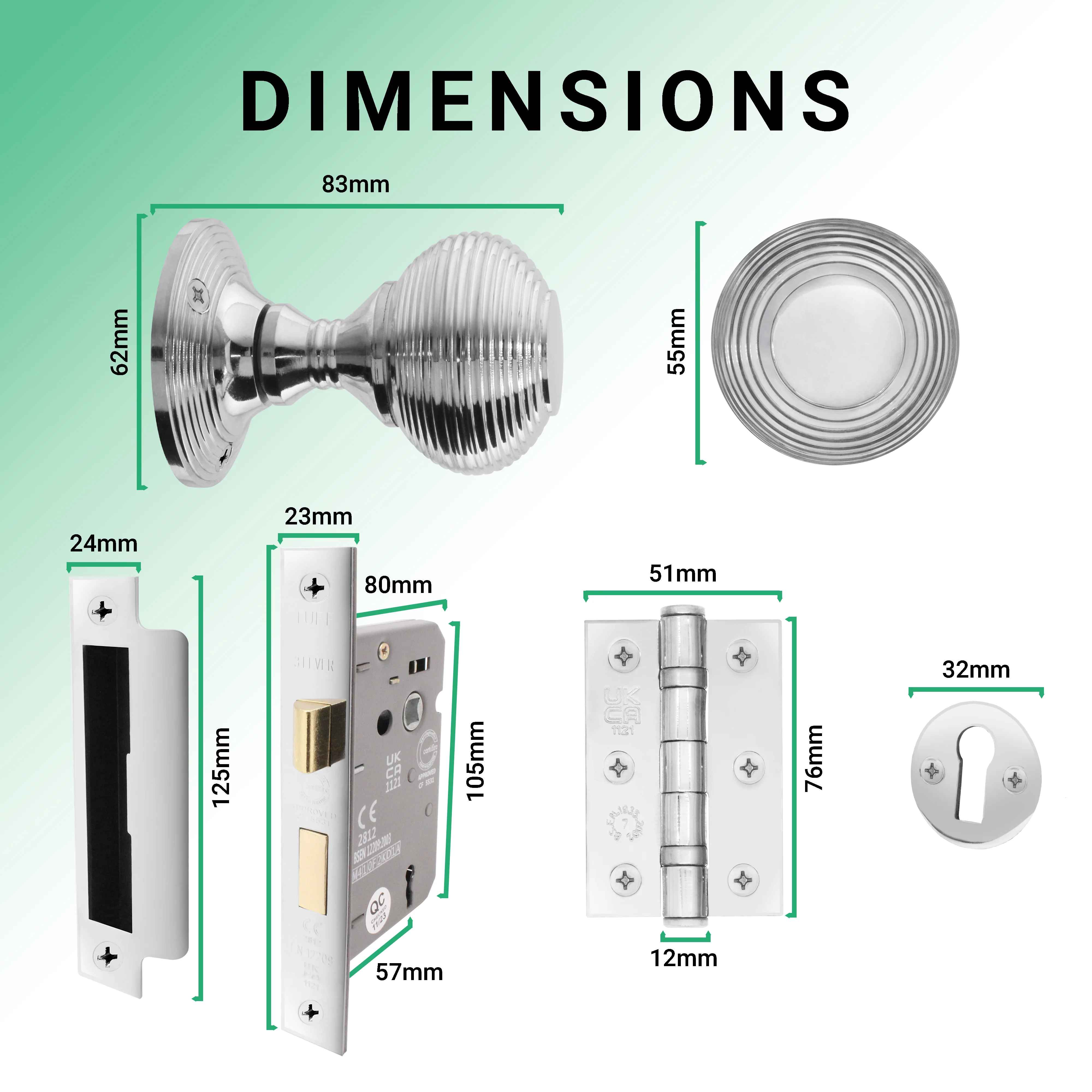 Beehive Polished Chrome Mortice Door Knob Kit - 80mm Sashlock - Image 3