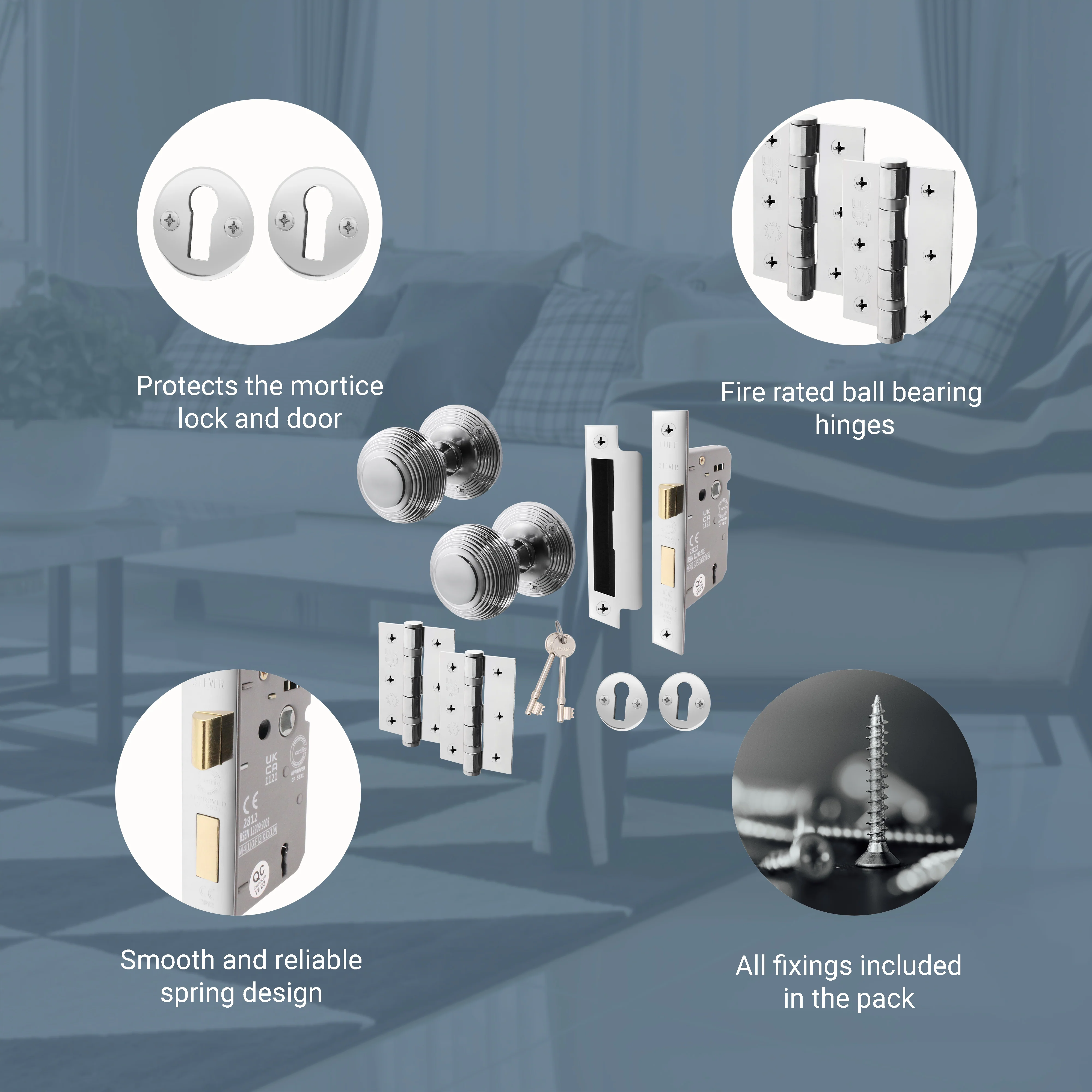 Beehive Polished Chrome Mortice Door Knob Kit - 80mm Sashlock - Image 4