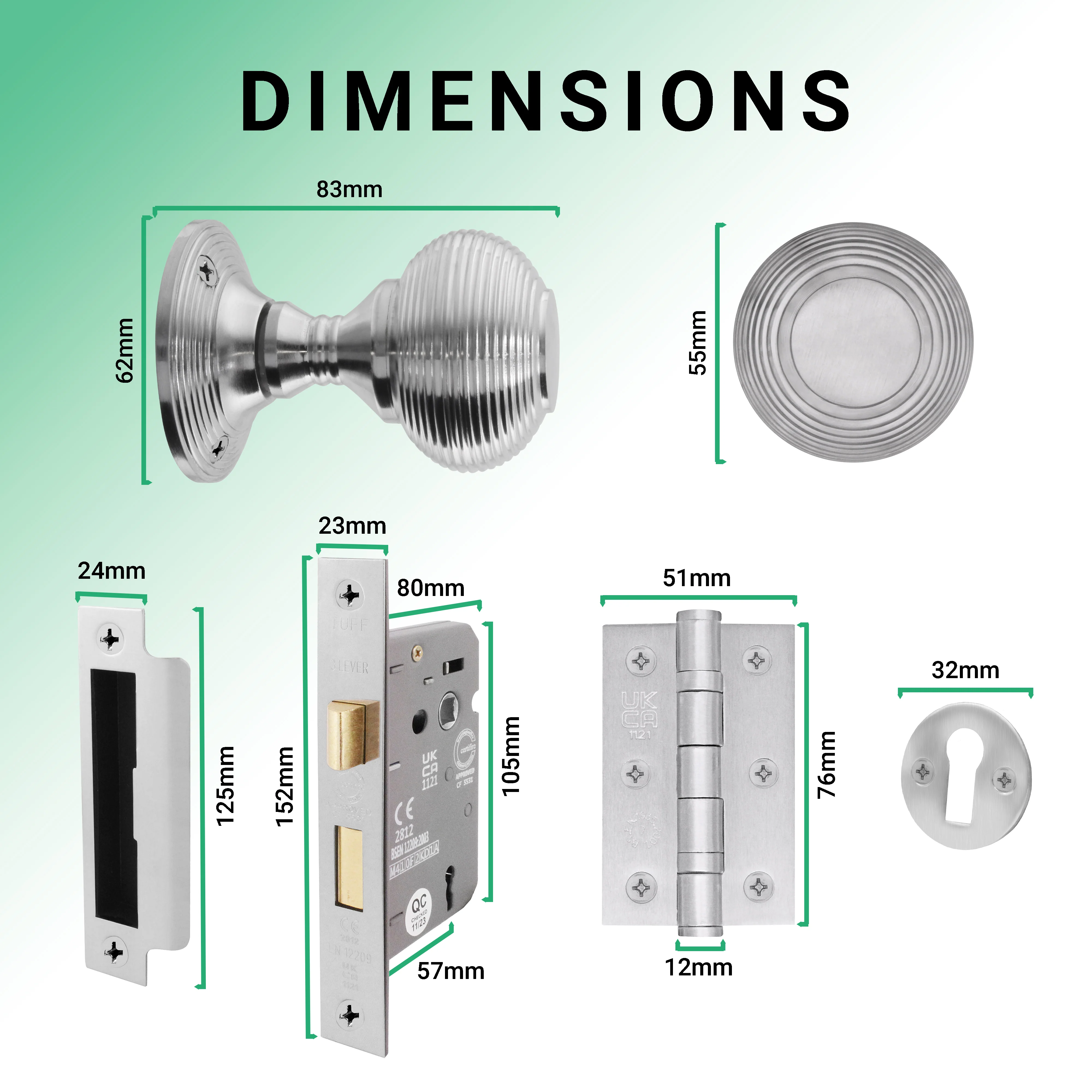 Beehive Satin Chrome Mortice Door Knob Kit - 80mm Sashlock - Image 3