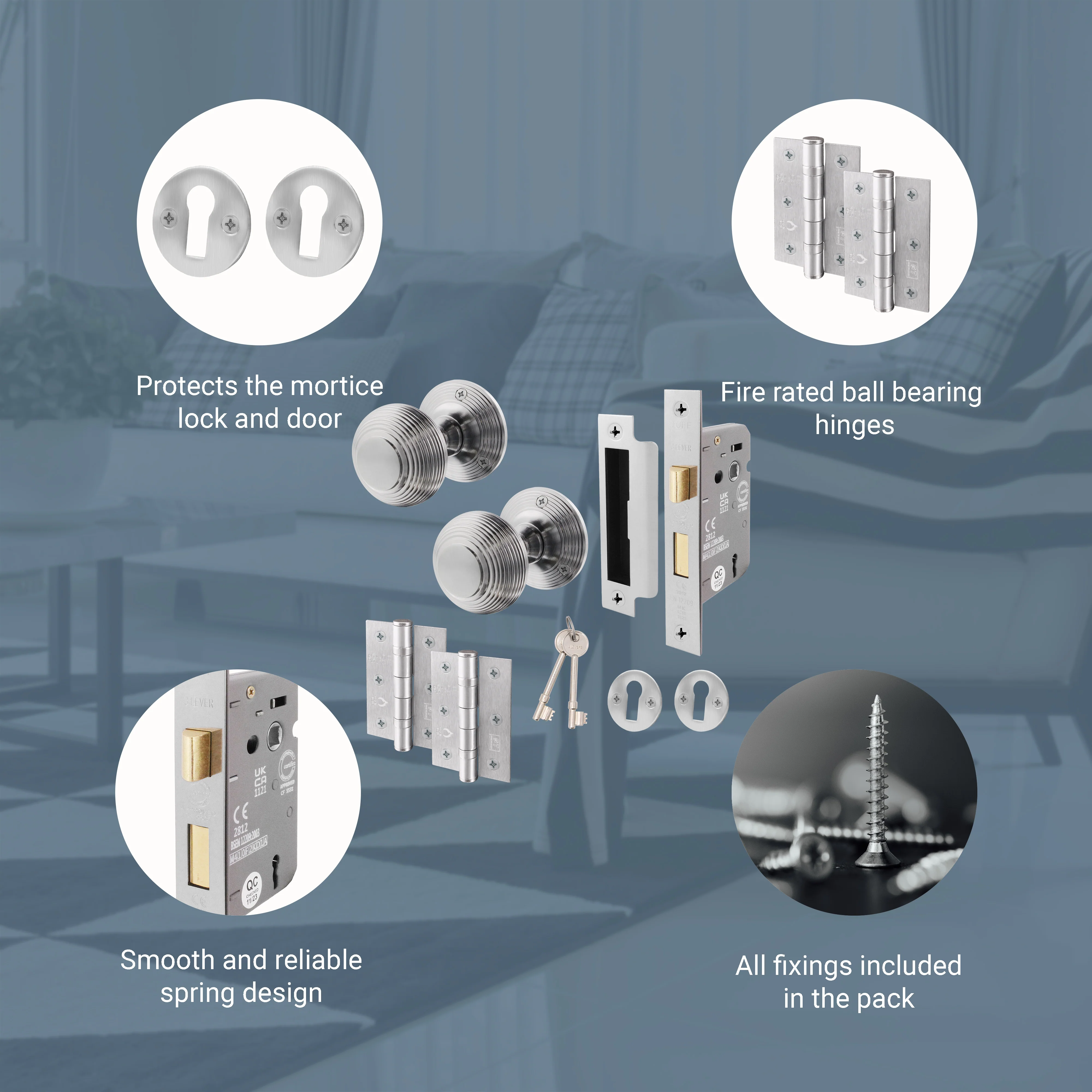 Beehive Satin Chrome Mortice Door Knob Kit - 80mm Sashlock - Image 4