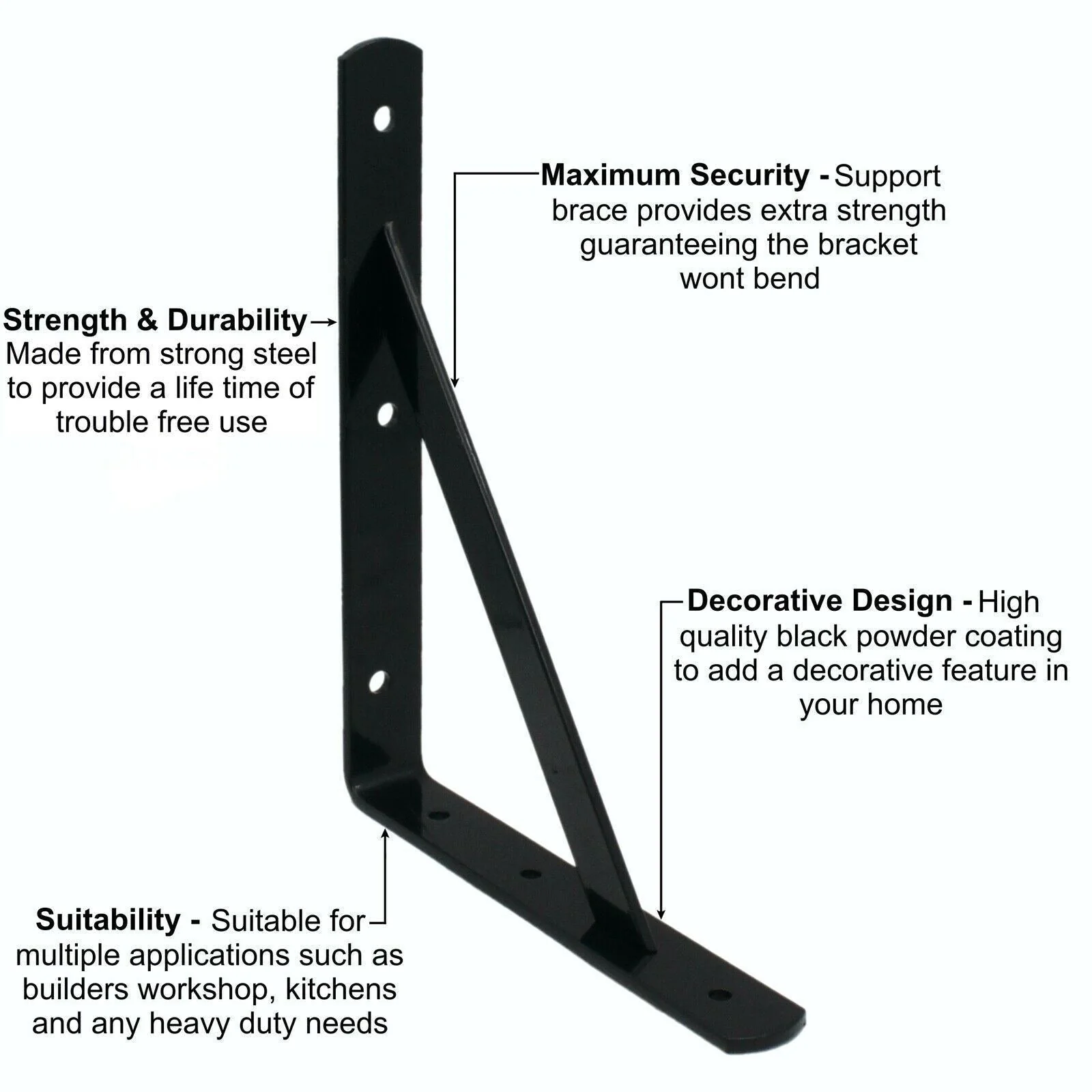 Strong Shelf Brackets PAIR Reinforced Stay Arm Shelving Heavy Duty - 250 x 300 x 30 x 4mm - Black - PAIR - Image 5