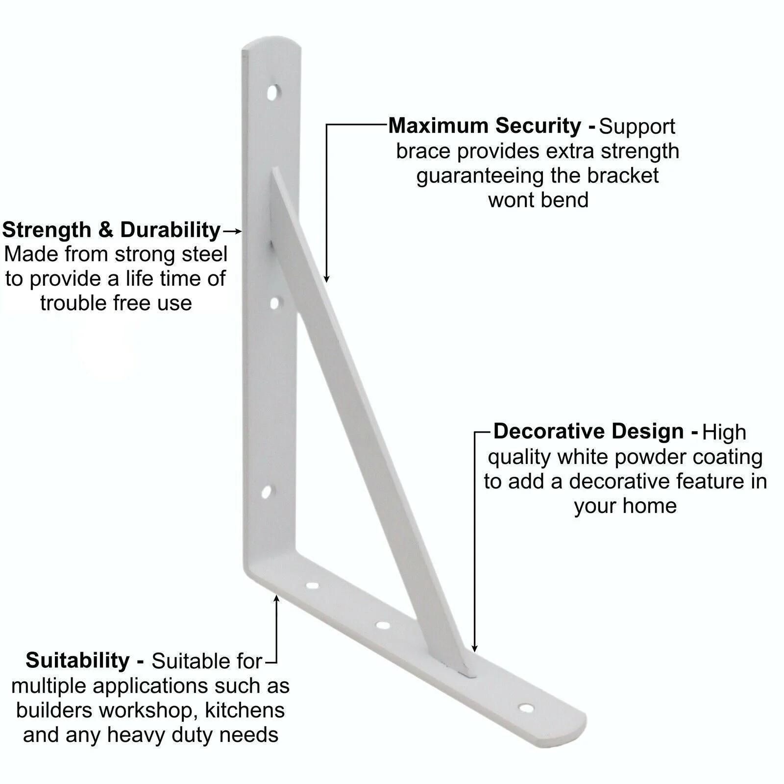 Strong Shelf Brackets Pair Reinforced Stay Arm Heavy Duty - 250 x 300 x 30 x 4mm - White - PAIR - Image 6