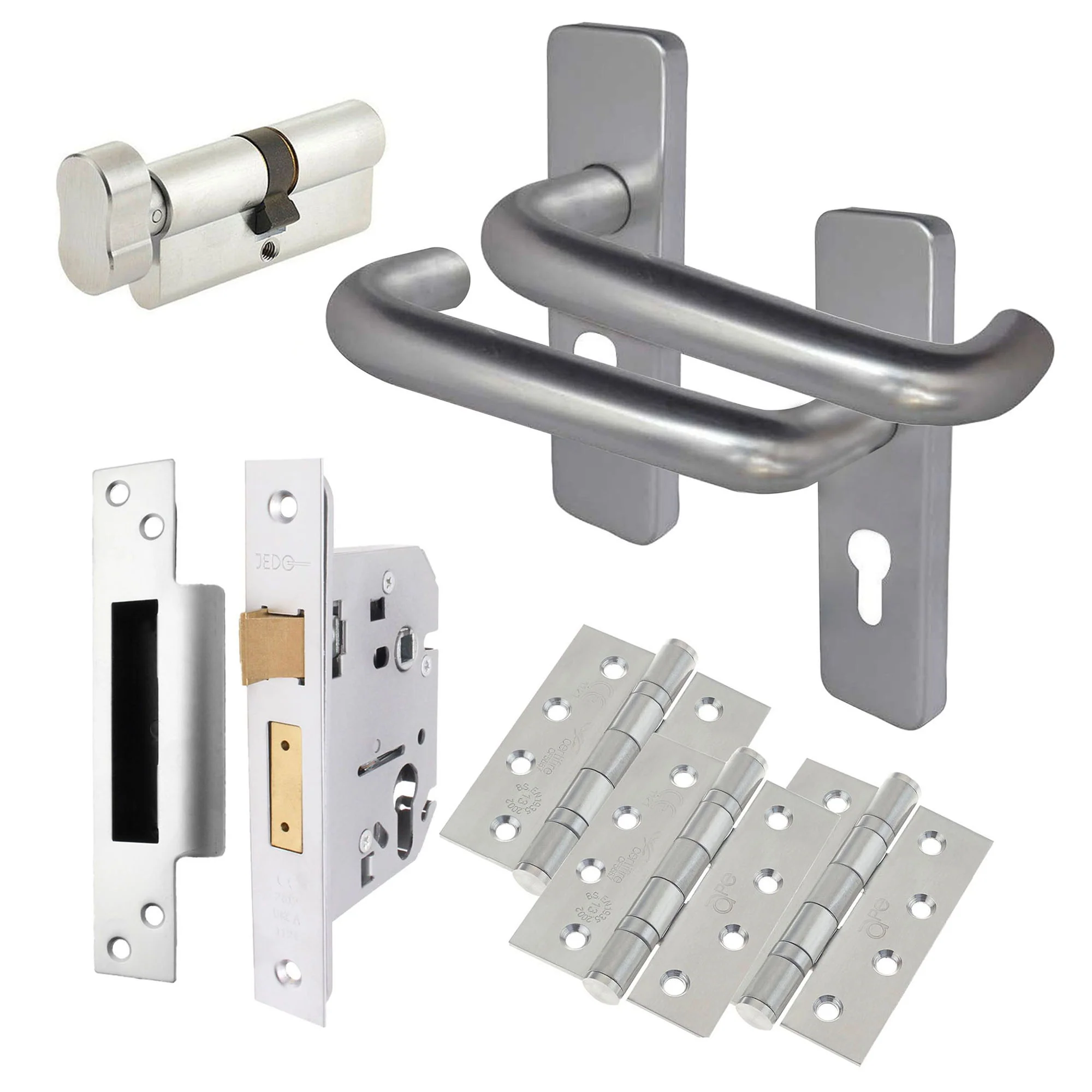 Return To Door Lever Handle - Euro Cylinder & Turn Lock Kit - 153mm - Satin Aluminium