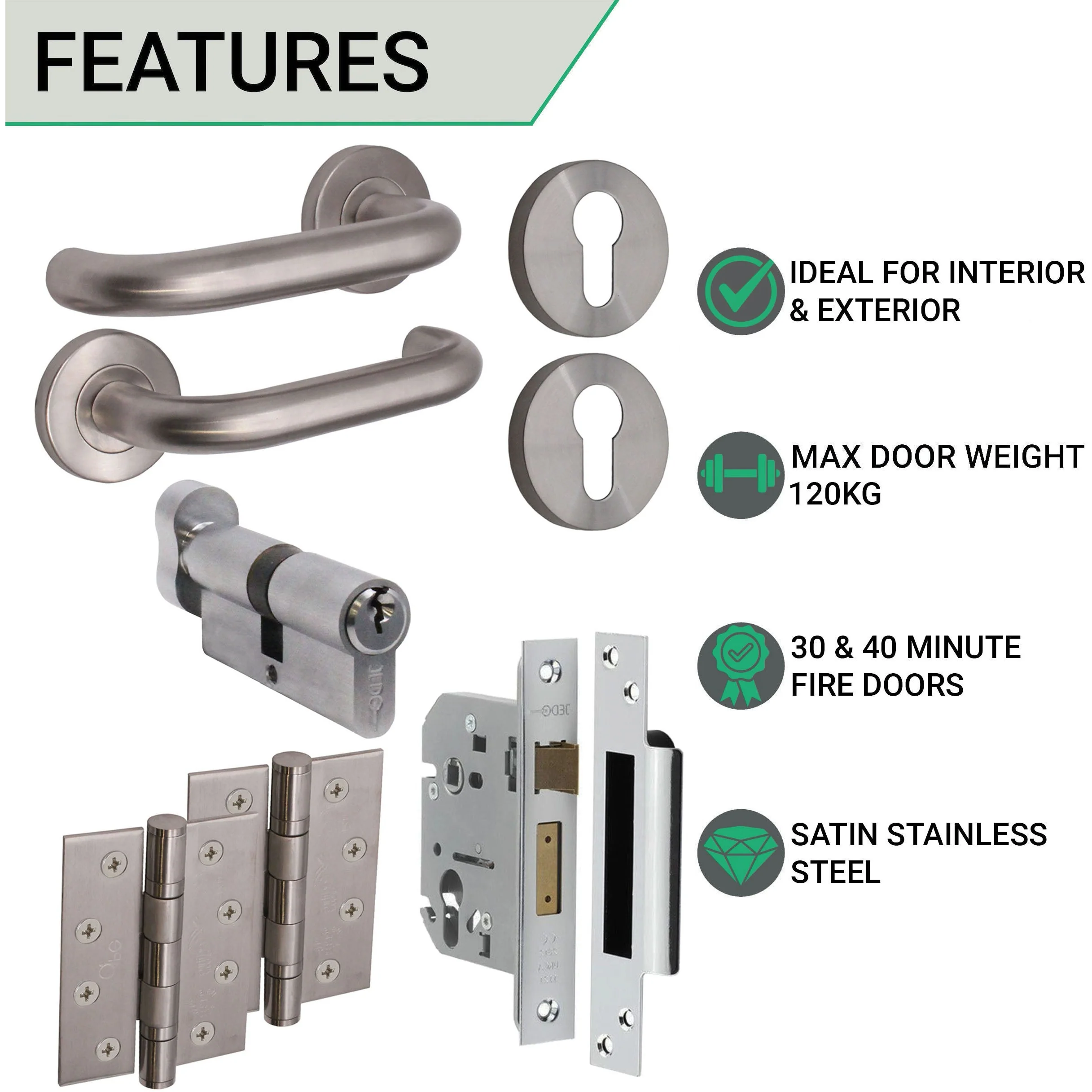 Return To Door Lever on Rose Handle Euro Cylinder Lock Kit - Satin Stainless - 44mm Backset Lock - Image 2
