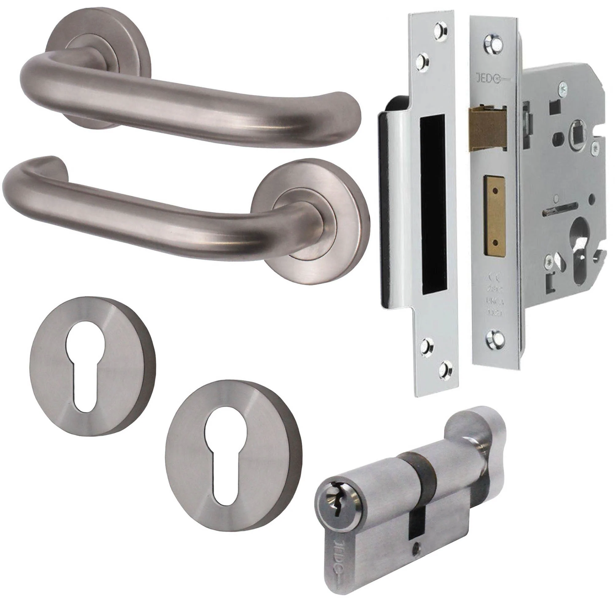 Return To Door Lever on Rose Handle Euro Cylinder Master Keyed Set - Satin Stainless Steel - 57mm Backset Lock
