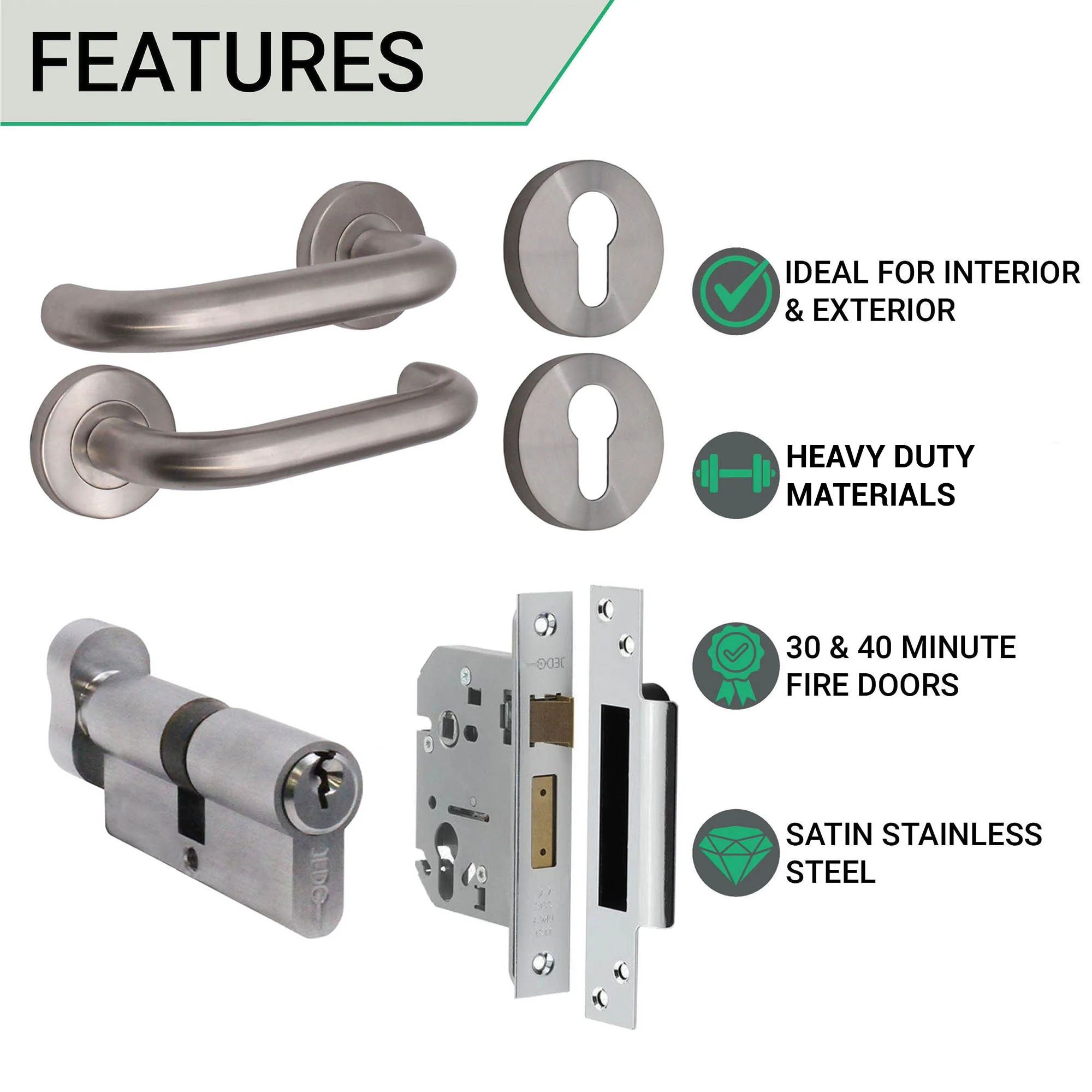 Return To Door Lever on Rose Handle Euro Cylinder Master Keyed Set - Satin Stainless Steel - 57mm Backset Lock - Image 2