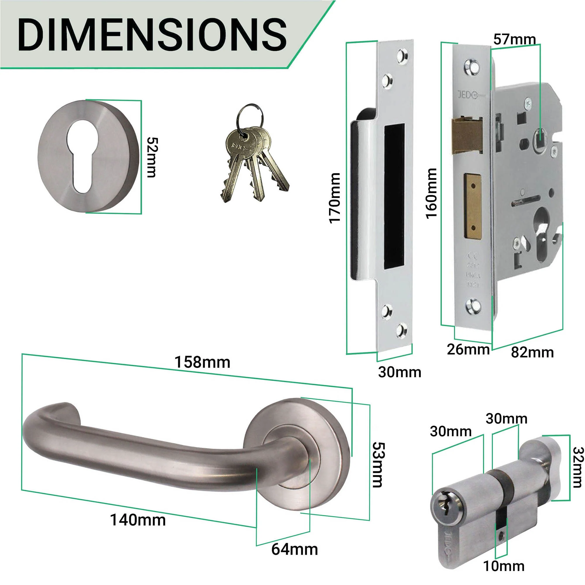 Return To Door Lever on Rose Handle Euro Cylinder Master Keyed Set - Satin Stainless Steel - 57mm Backset Lock - Image 3