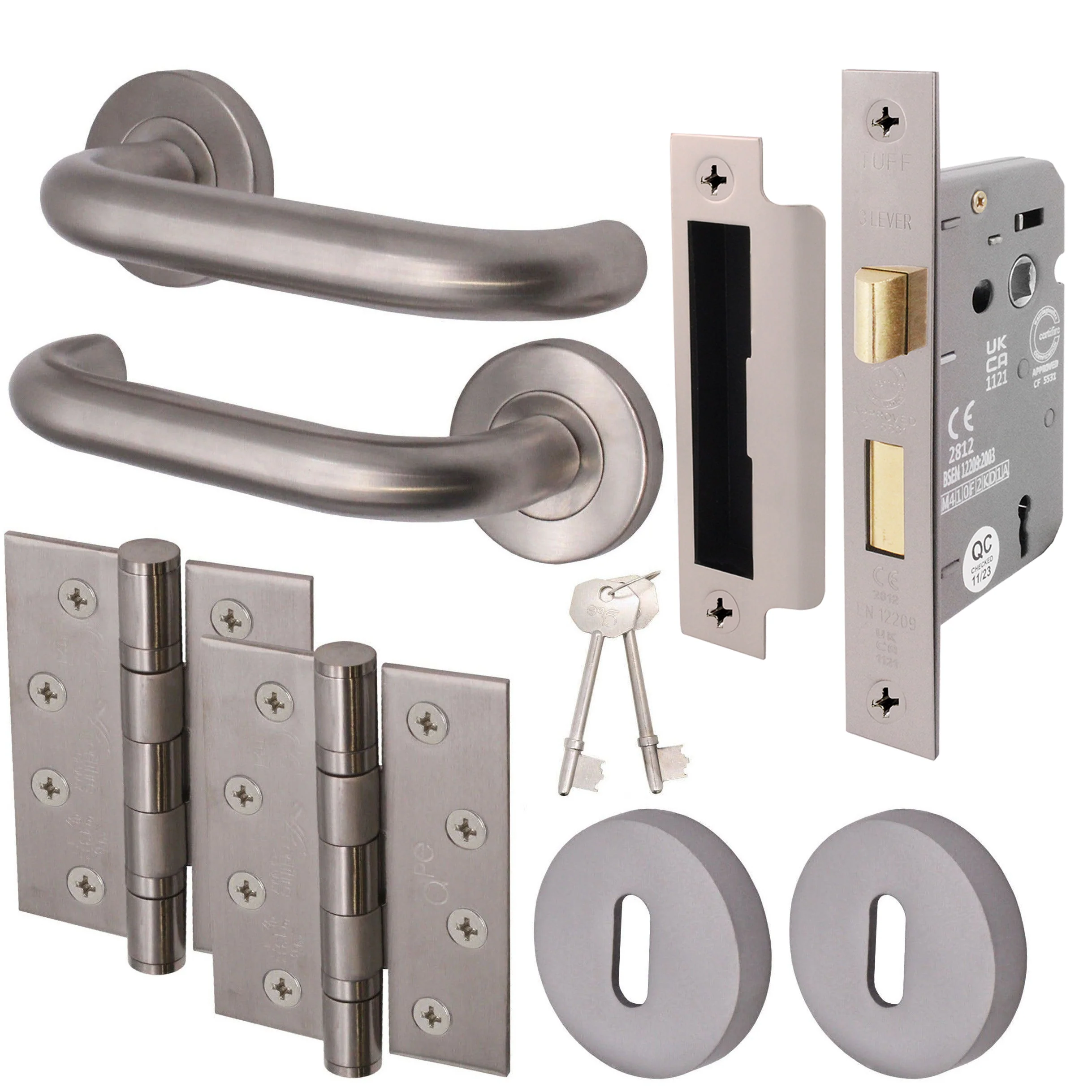 Return To Door Lever on Rose Handle Sash Lock Kit - Satin Stainless Steel - 102mm Hinges - 80mm Lock