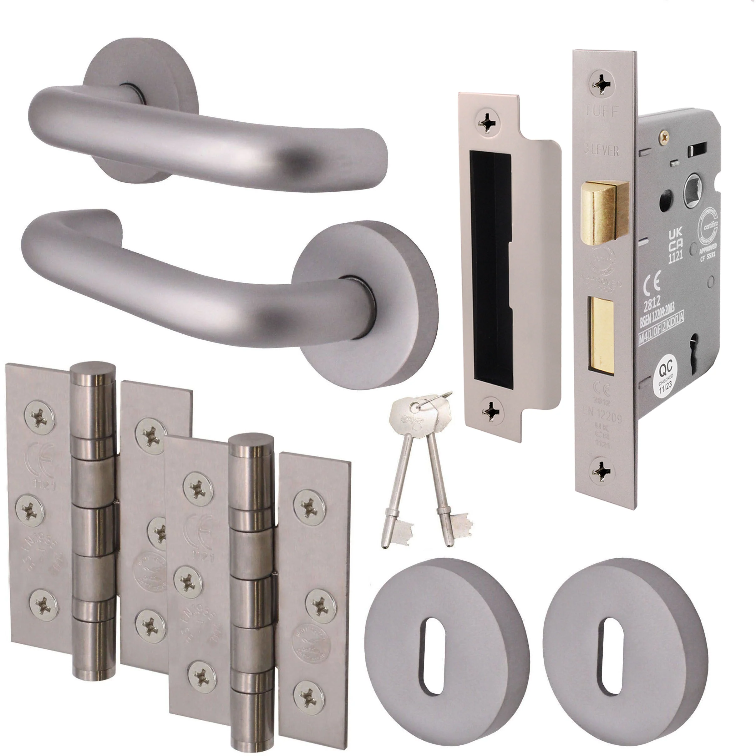 Return To Door Lever on Rose Handle Sash Lock Kit - Satin Aluminium - 76mm Hinges -64mm Lock