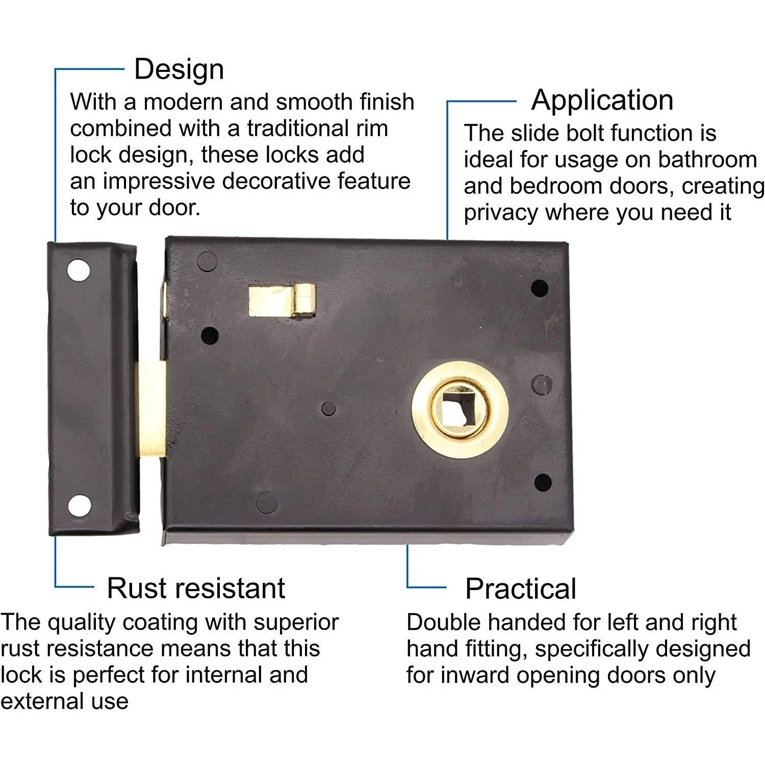 Rim Latch Snib Lock Black Surface Mounted Lock for Bathrooms - 105 x 82mm - Image 3