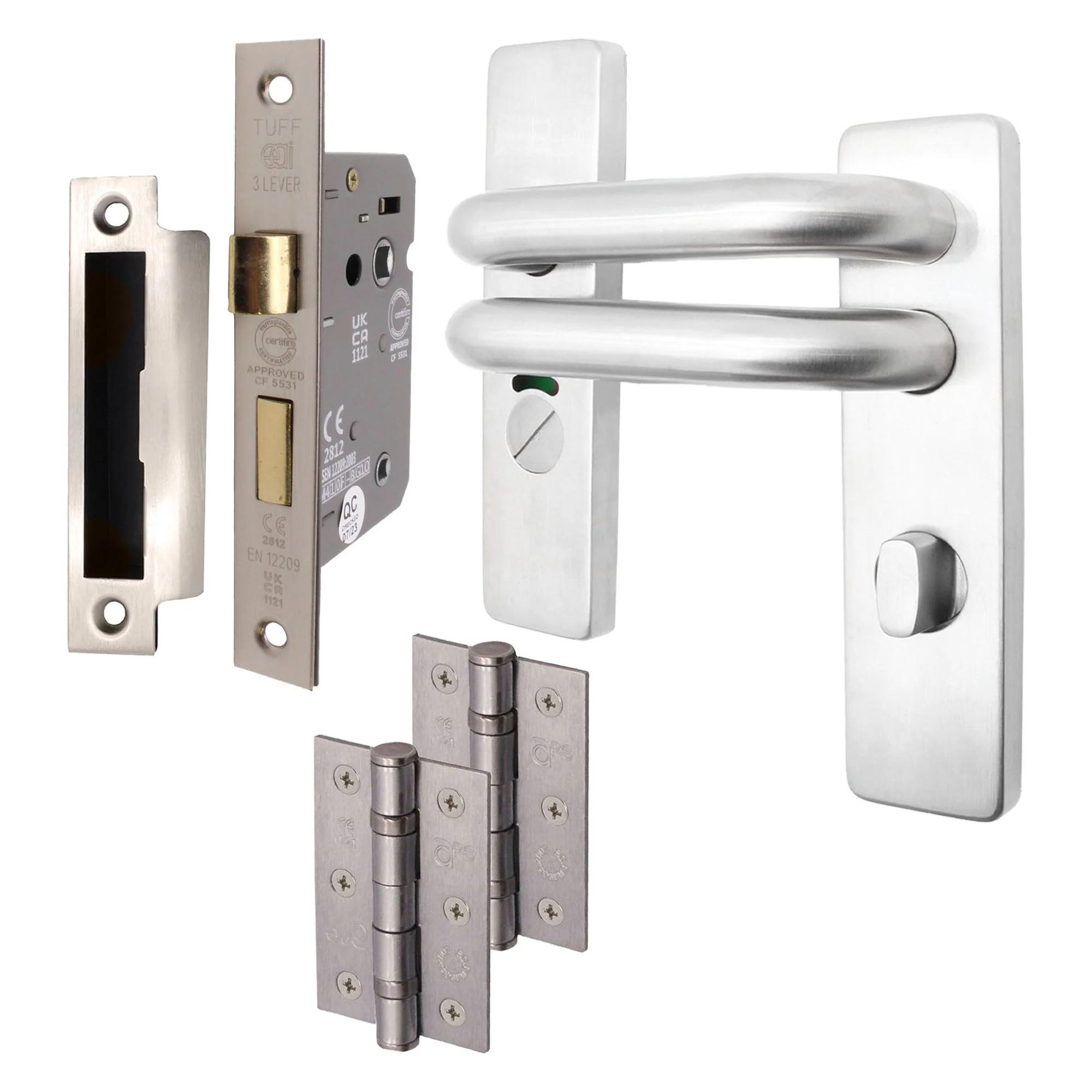 Round Bar 19mm Safety Return To Door Lever Bathroom Pack - 175 x 44mm - 66mm Lock x 75mm Hinges- Satin Stainless