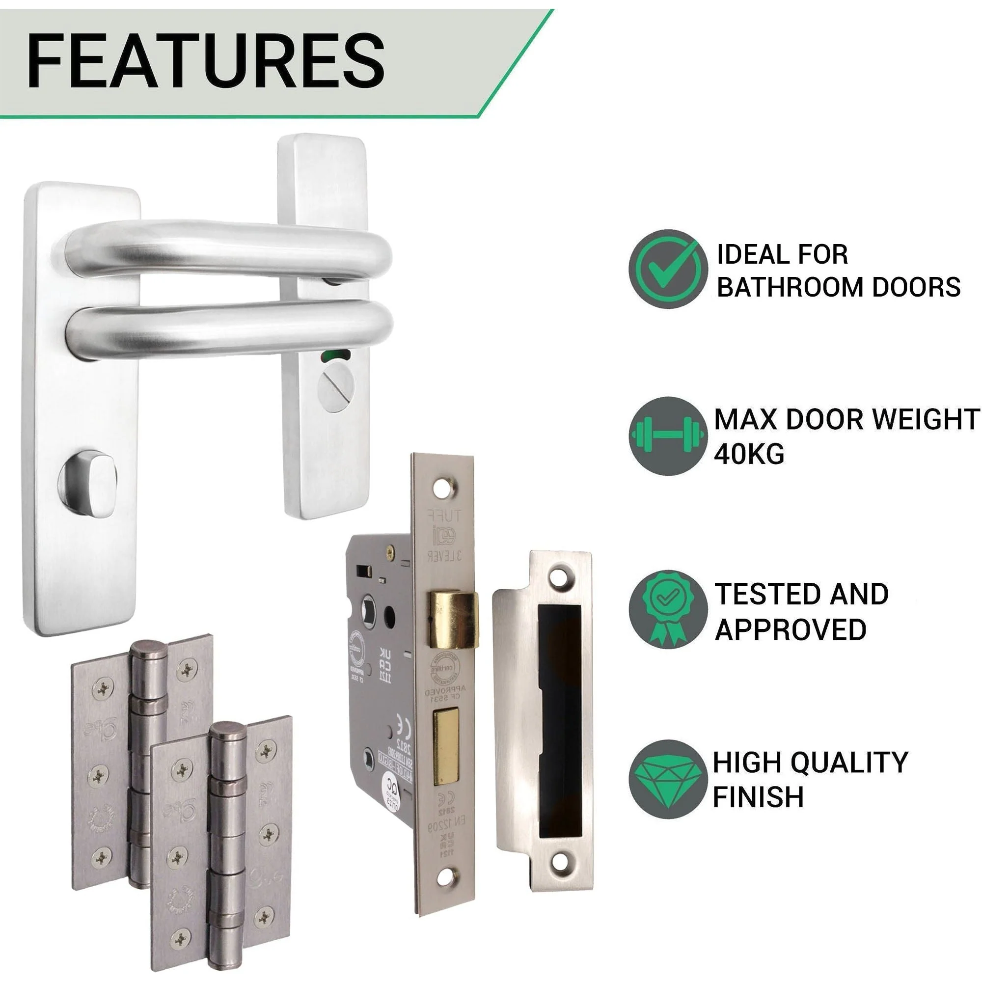 Round Bar 19mm Safety Return To Door Lever Bathroom Pack - 175 x 44mm - 66mm Lock x 75mm Hinges- Satin Stainless - Image 3