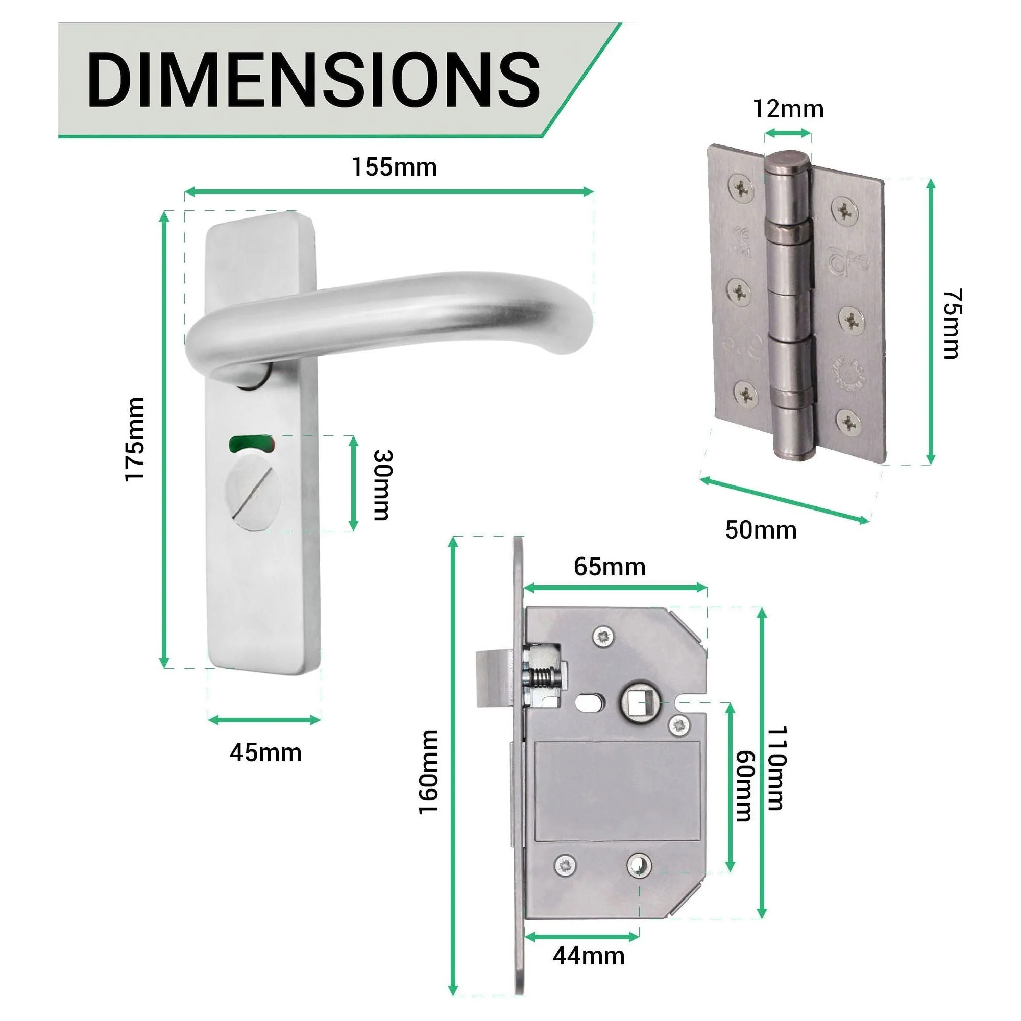 Round Bar 19mm Safety Return To Door Lever Bathroom Pack - 175 x 44mm - 66mm Lock x 75mm Hinges- Satin Stainless - Image 4