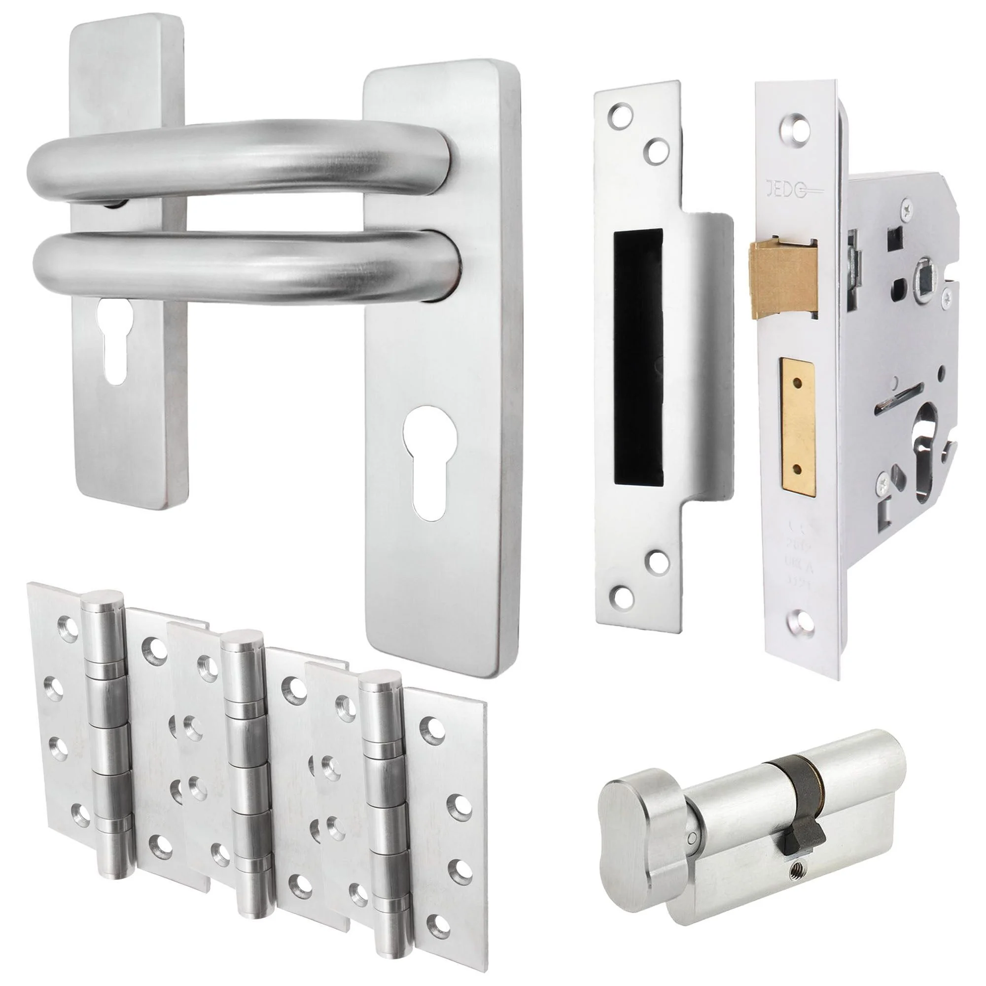 Round Bar 19mm Safety Return To Door Lever Euro Thumbturn Lock 48.5mm c/c Pack - 175x44mm - 76mm Lock x 102mm Hinges - Satin Stainless
