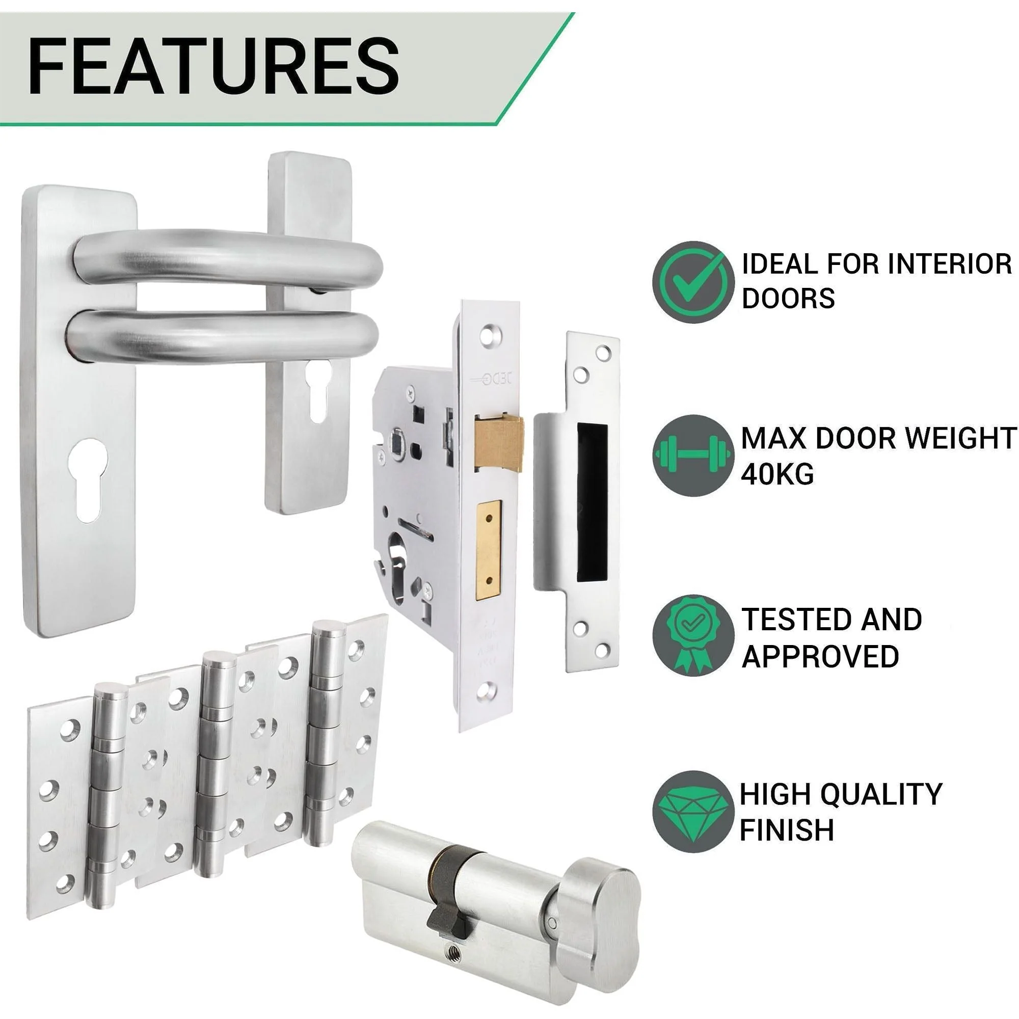 Round Bar 19mm Safety Return To Door Lever Euro Thumbturn Lock 48.5mm c/c Pack - 175x44mm - 76mm Lock x 102mm Hinges - Satin Stainless - Image 3