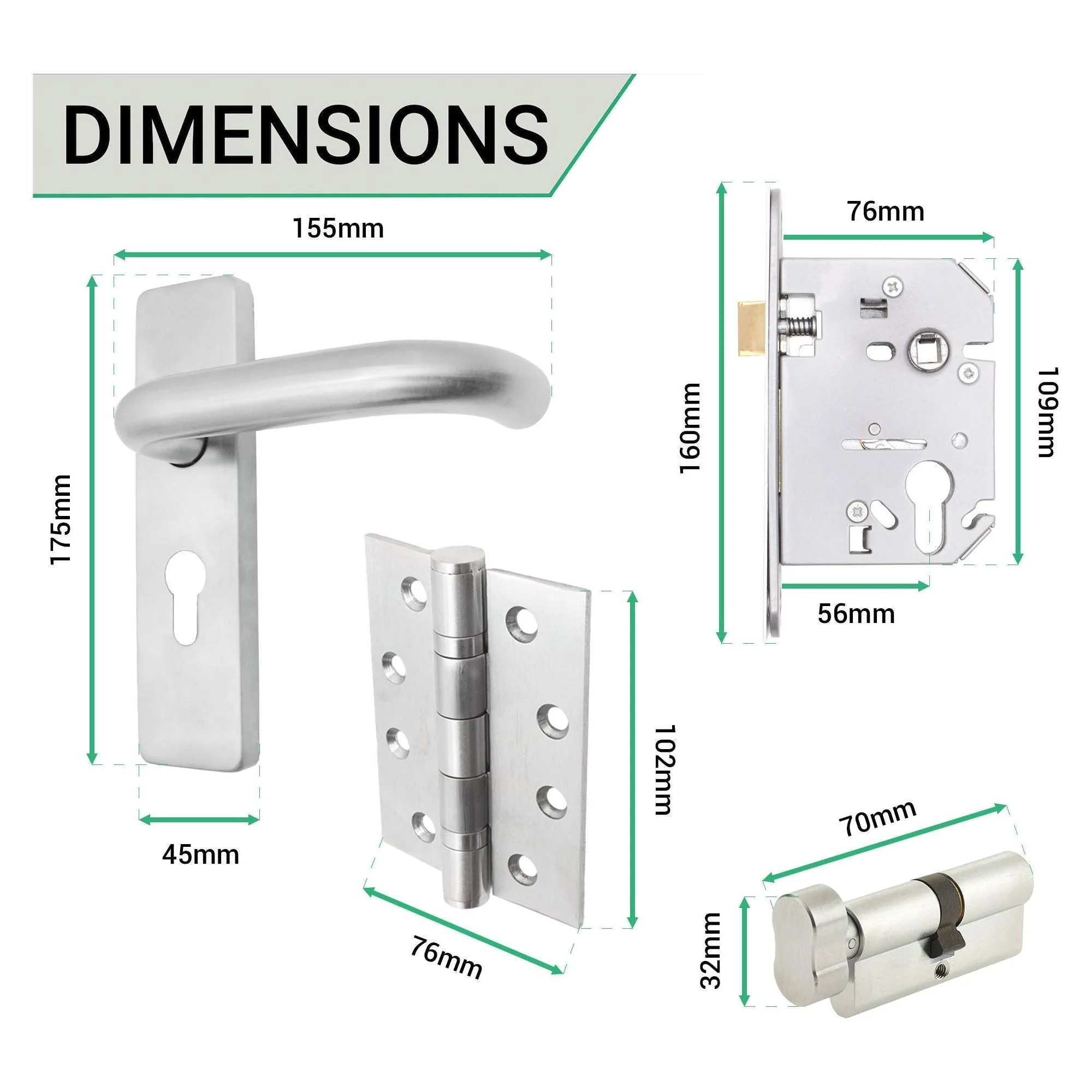 Round Bar 19mm Safety Return To Door Lever Euro Thumbturn Lock 48.5mm c/c Pack - 175x44mm - 76mm Lock x 102mm Hinges - Satin Stainless - Image 4