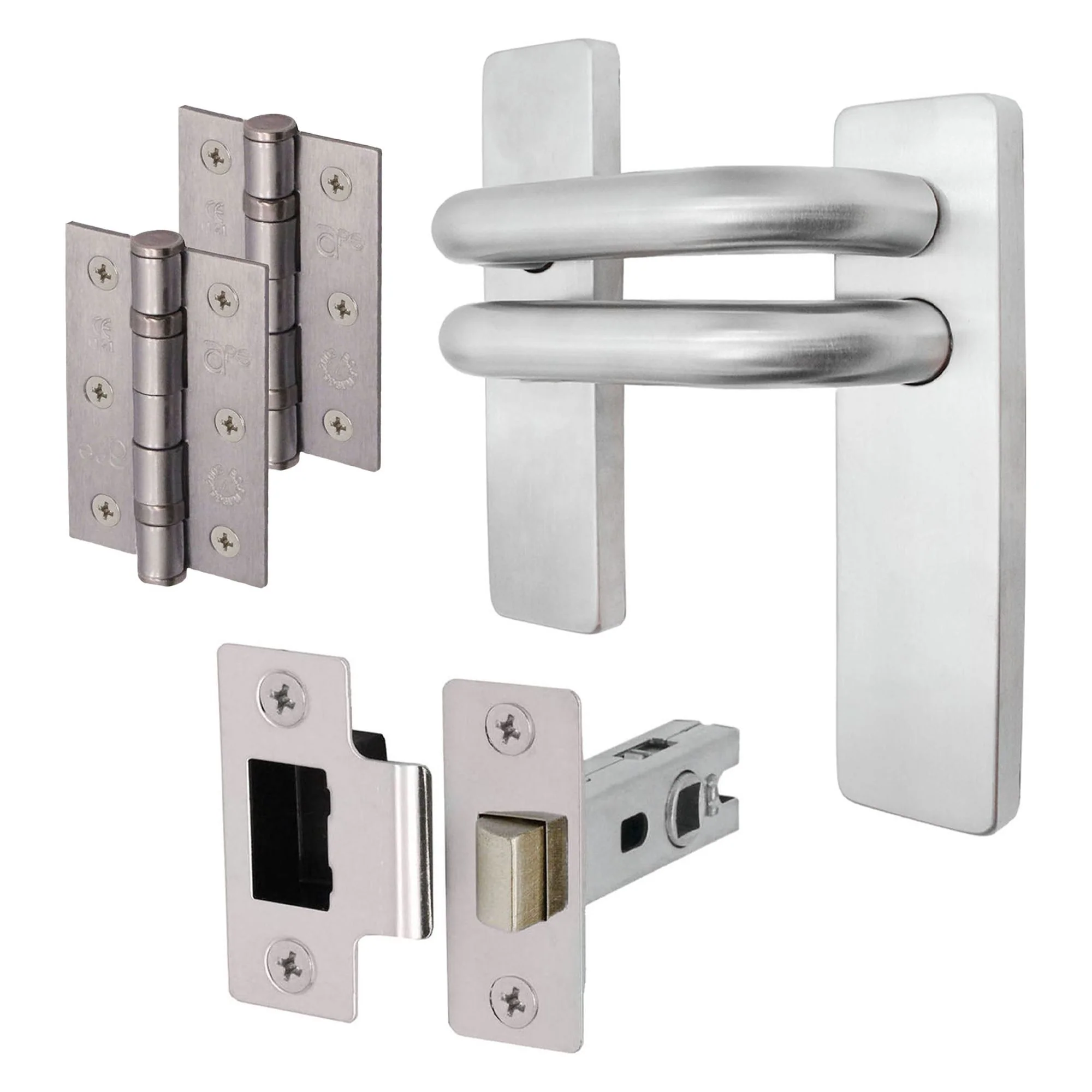 Round Bar 19mm Safety Return To Door Lever Latch Pack - 175 x 44mm - 66mm Latch x 75mm Hinges - Satin Stainless