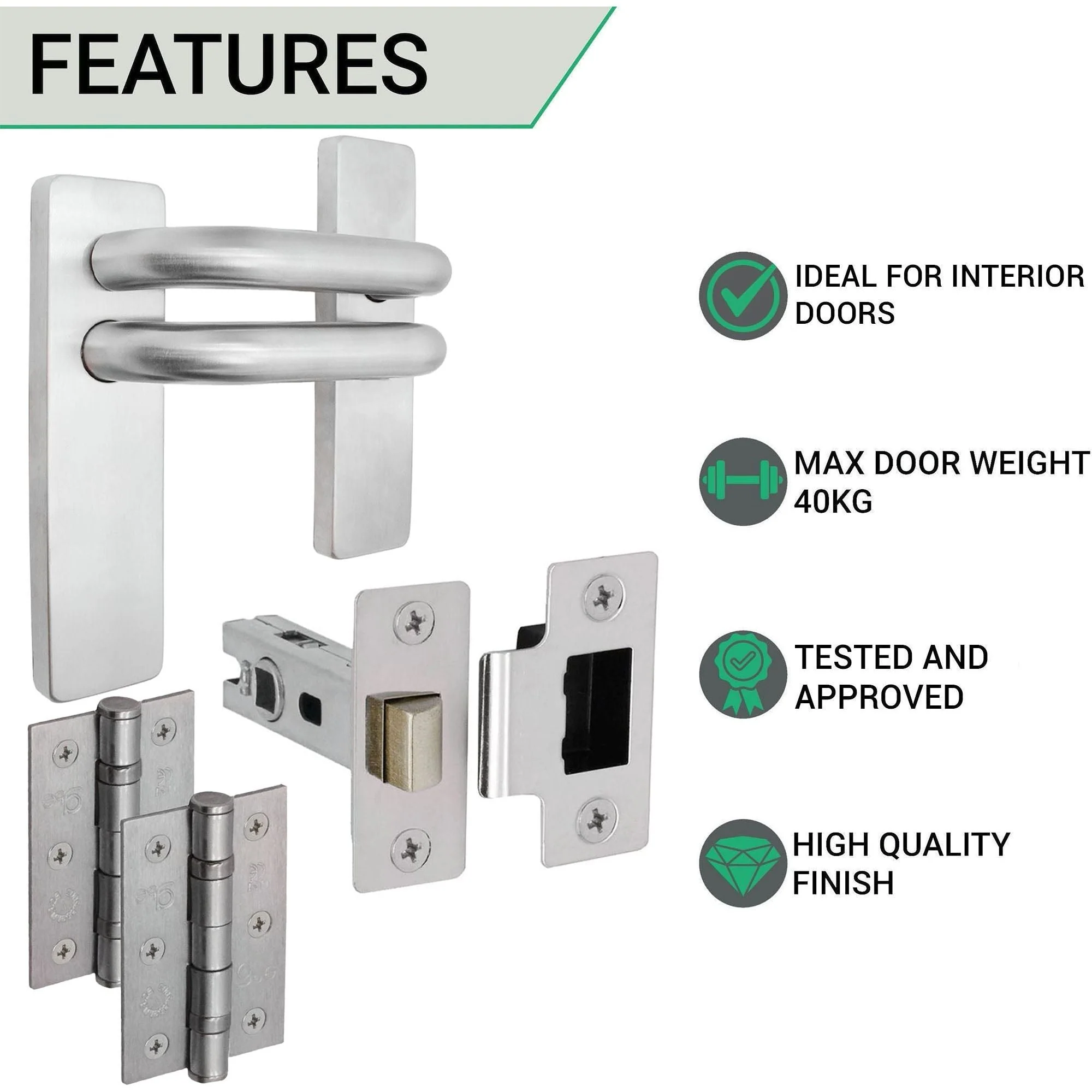 Round Bar 19mm Safety Return To Door Lever Latch Pack - 175 x 44mm - 66mm Latch x 75mm Hinges - Satin Stainless - Image 3