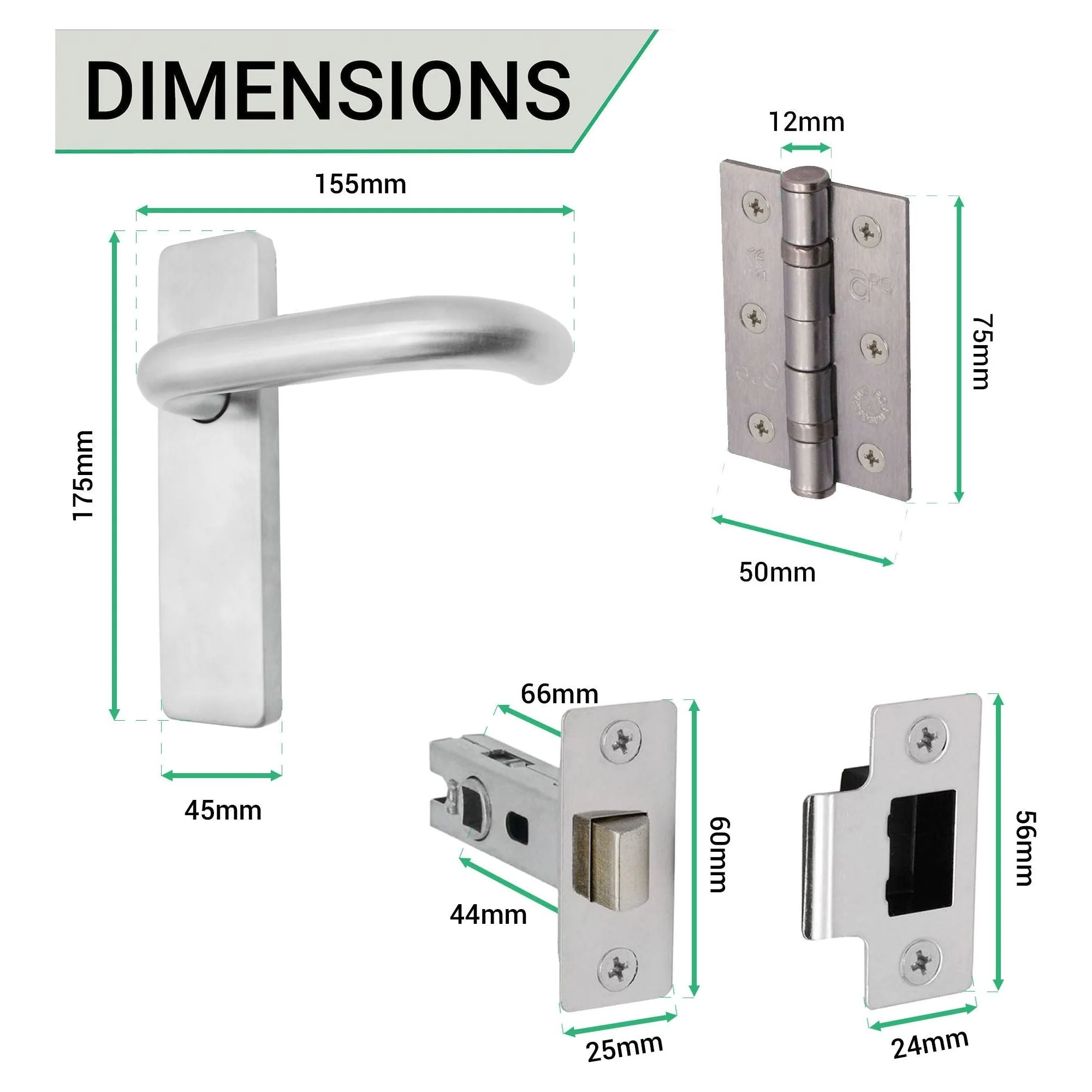 Round Bar 19mm Safety Return To Door Lever Latch Pack - 175 x 44mm - 66mm Latch x 75mm Hinges - Satin Stainless - Image 4