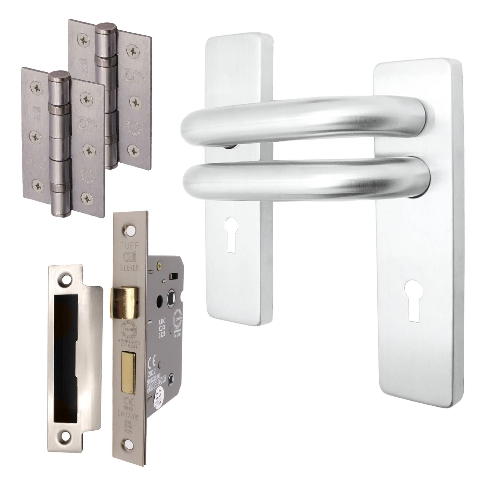 Round Bar 19mm Safety Return To Door Lever Lock Pack - 175 x 44mm - 66mm Lock x 75mm Hinges - Satin Stainless