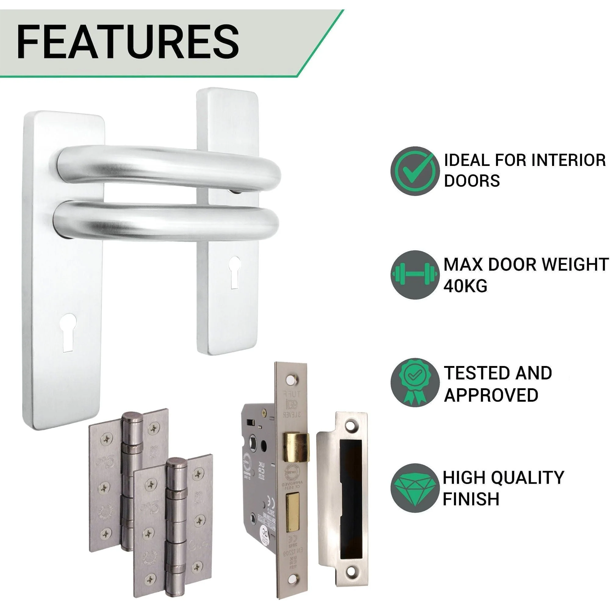 Round Bar 19mm Safety Return To Door Lever Lock Pack - 175 x 44mm - 66mm Lock x 75mm Hinges - Satin Stainless - Image 3