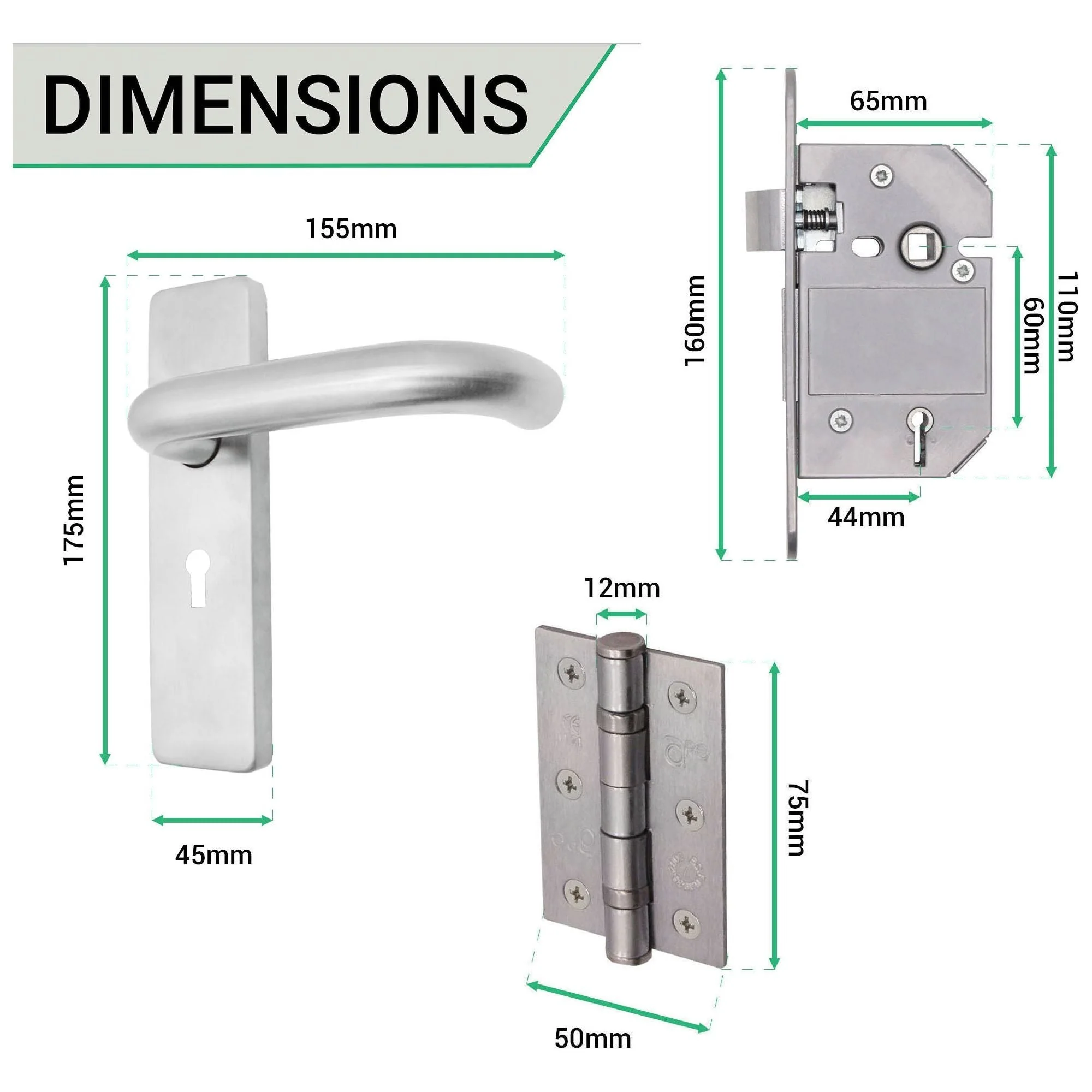 Round Bar 19mm Safety Return To Door Lever Lock Pack - 175 x 44mm - 66mm Lock x 75mm Hinges - Satin Stainless - Image 4
