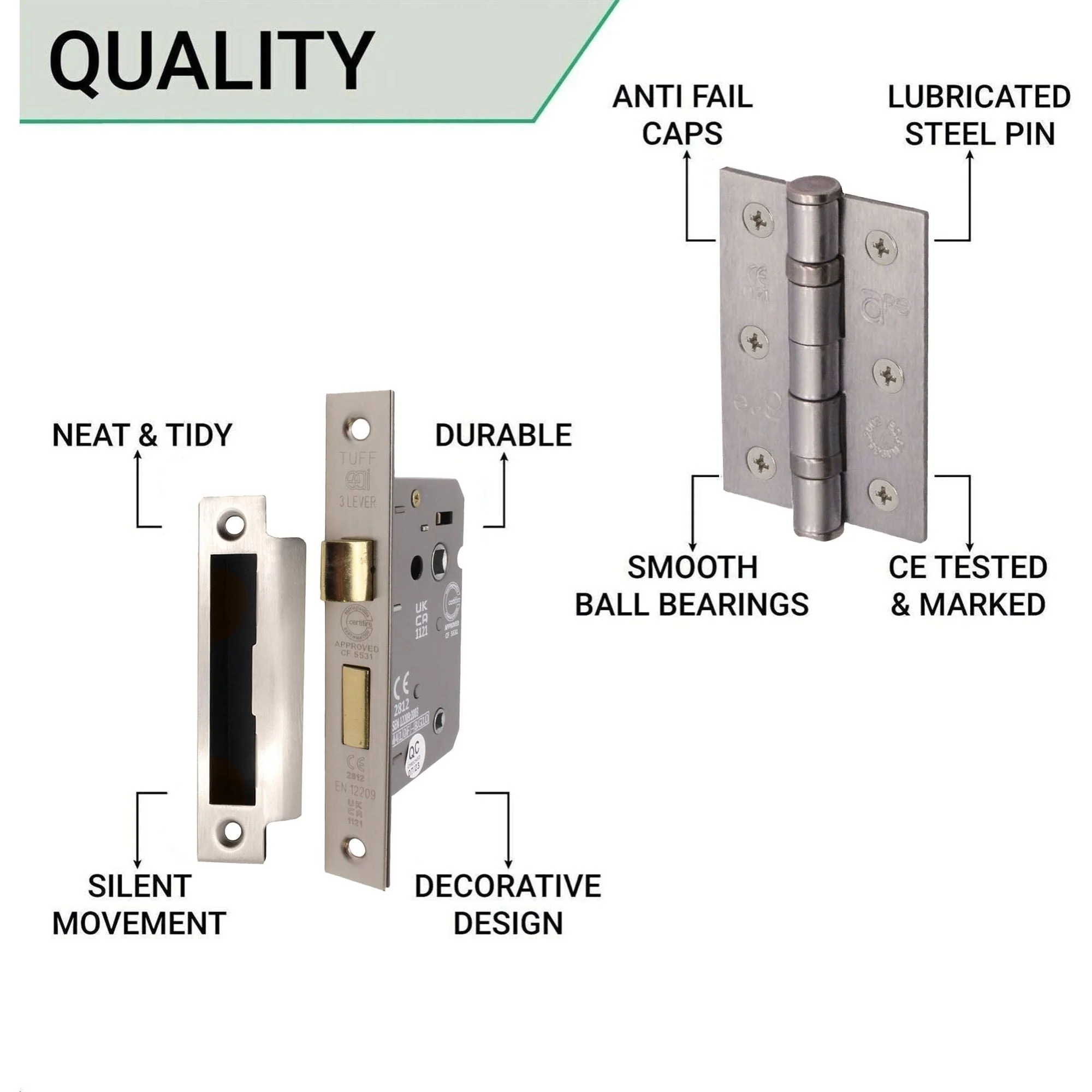 Round Bar 19mm Safety Return To Door Lever Lock Pack - 175 x 44mm - 66mm Lock x 75mm Hinges - Satin Stainless - Image 5