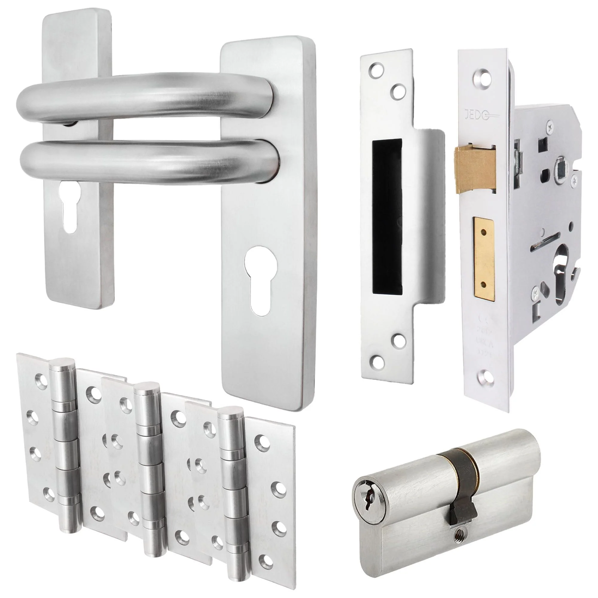 Round Bar 19mm Safety Return To Door Lever Euro Lock 48.5mm c/c Pack - 175x44mm - 76mm Lock x 102mm Hinges - Satin Stainless