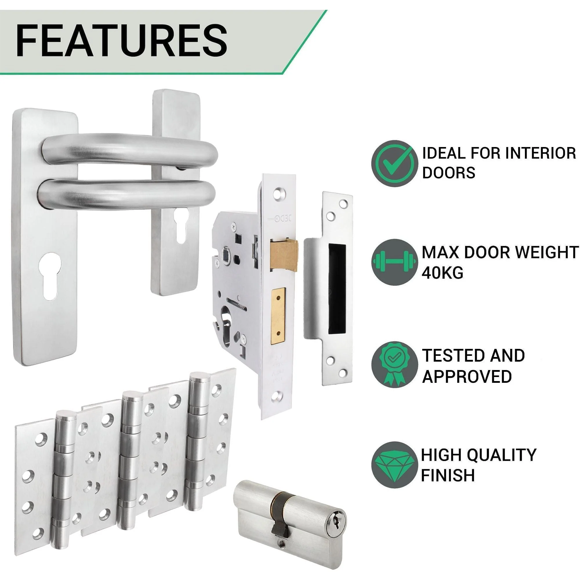 Round Bar 19mm Safety Return To Door Lever Euro Lock 48.5mm c/c Pack - 175x44mm - 76mm Lock x 102mm Hinges - Satin Stainless - Image 3
