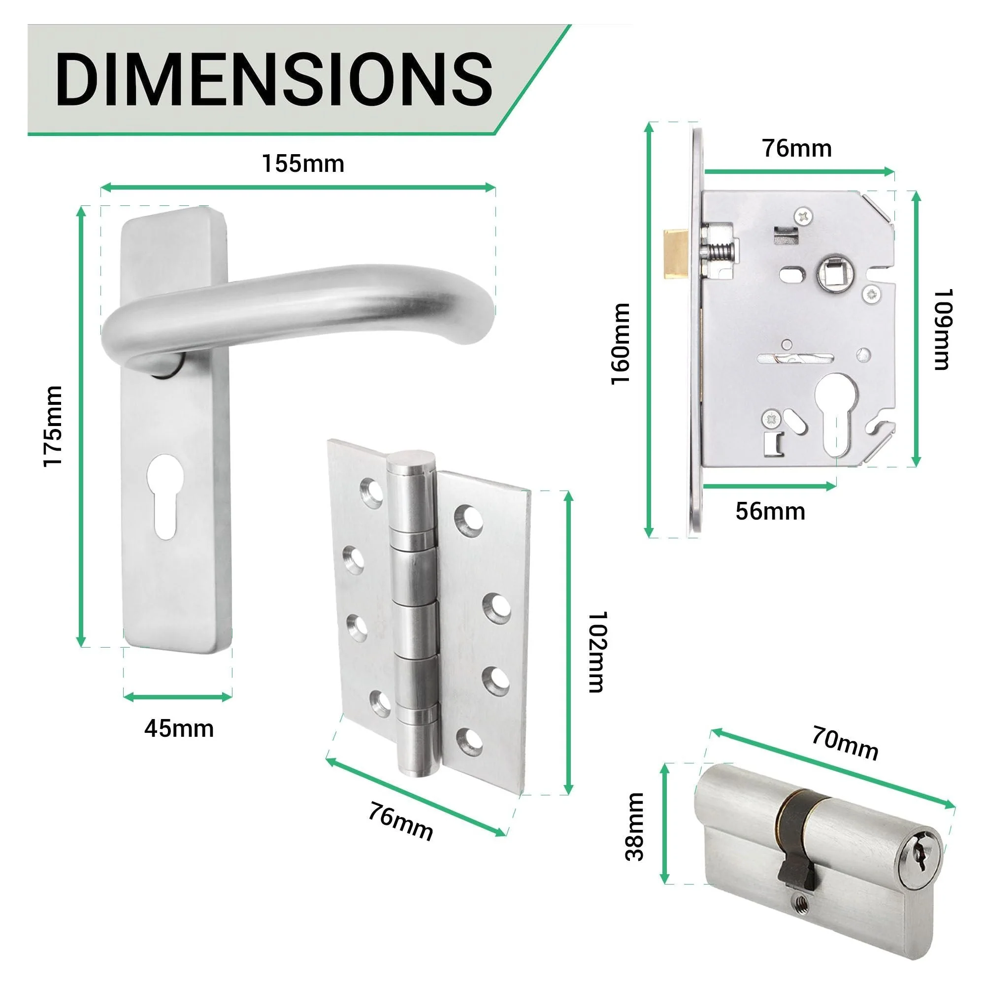 Round Bar 19mm Safety Return To Door Lever Euro Lock 48.5mm c/c Pack - 175x44mm - 76mm Lock x 102mm Hinges - Satin Stainless - Image 4