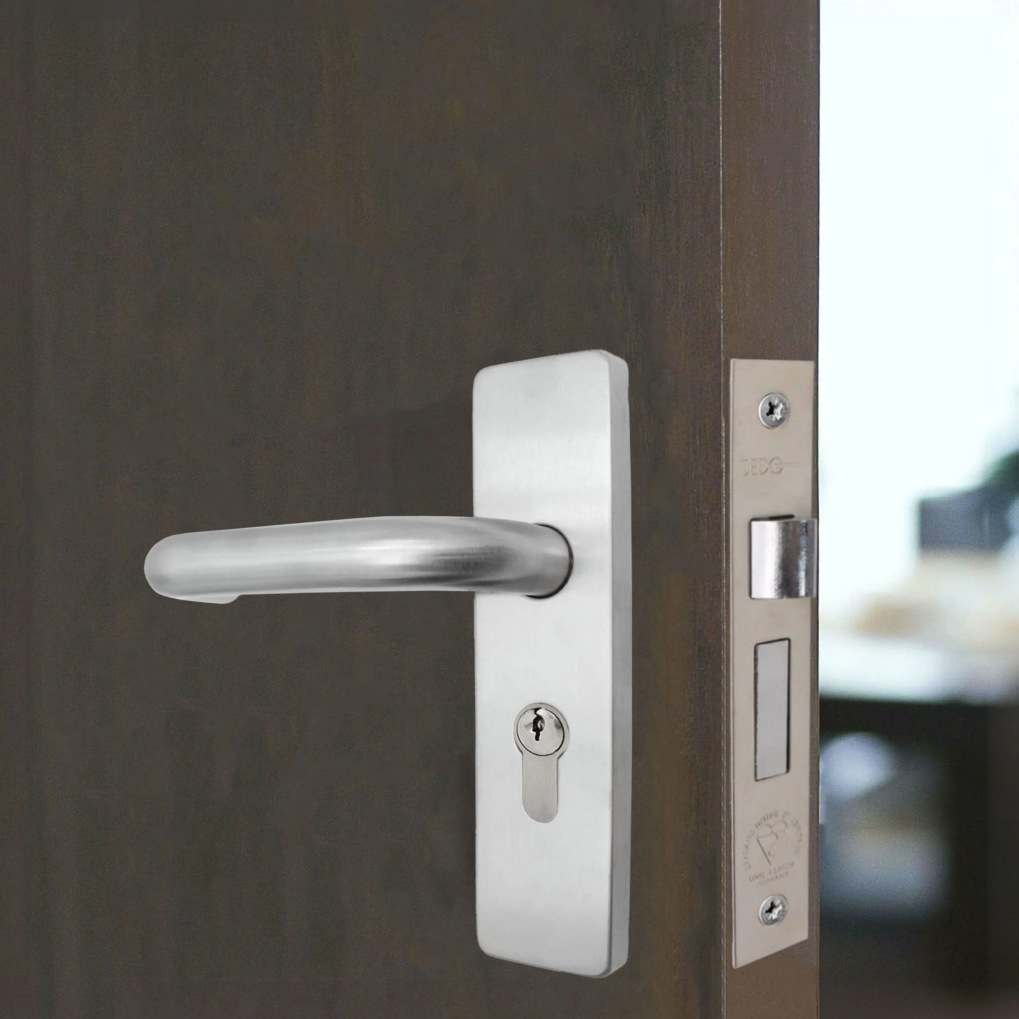 Round Bar 19mm Safety Return To Door Lever Euro Lock 48.5mm c/c Pack - 175x44mm - 76mm Lock x 102mm Hinges - Satin Stainless - Image 6