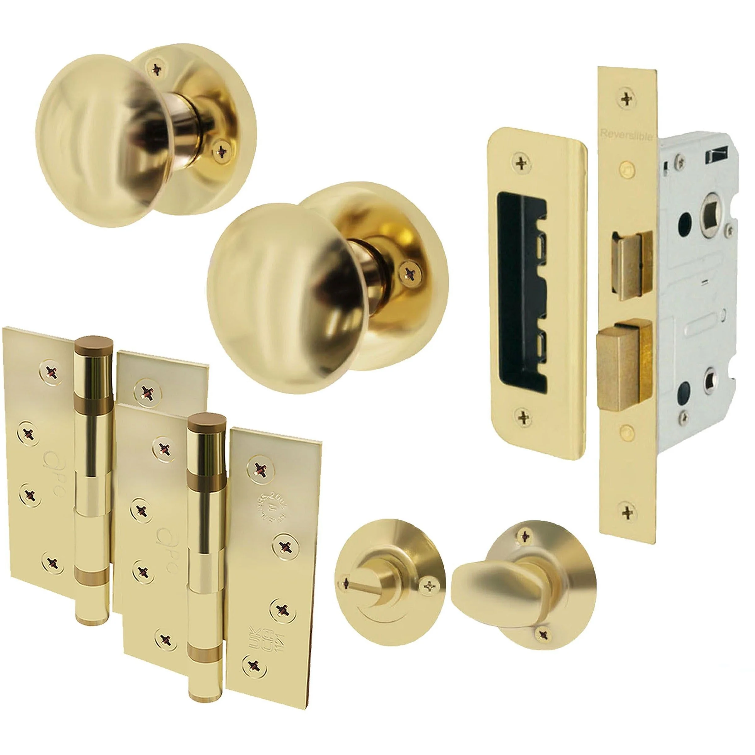 Victorian Polished Brass Mortice Door Knob Kit - 80mm Bathroom Lock - 102mm Hinges