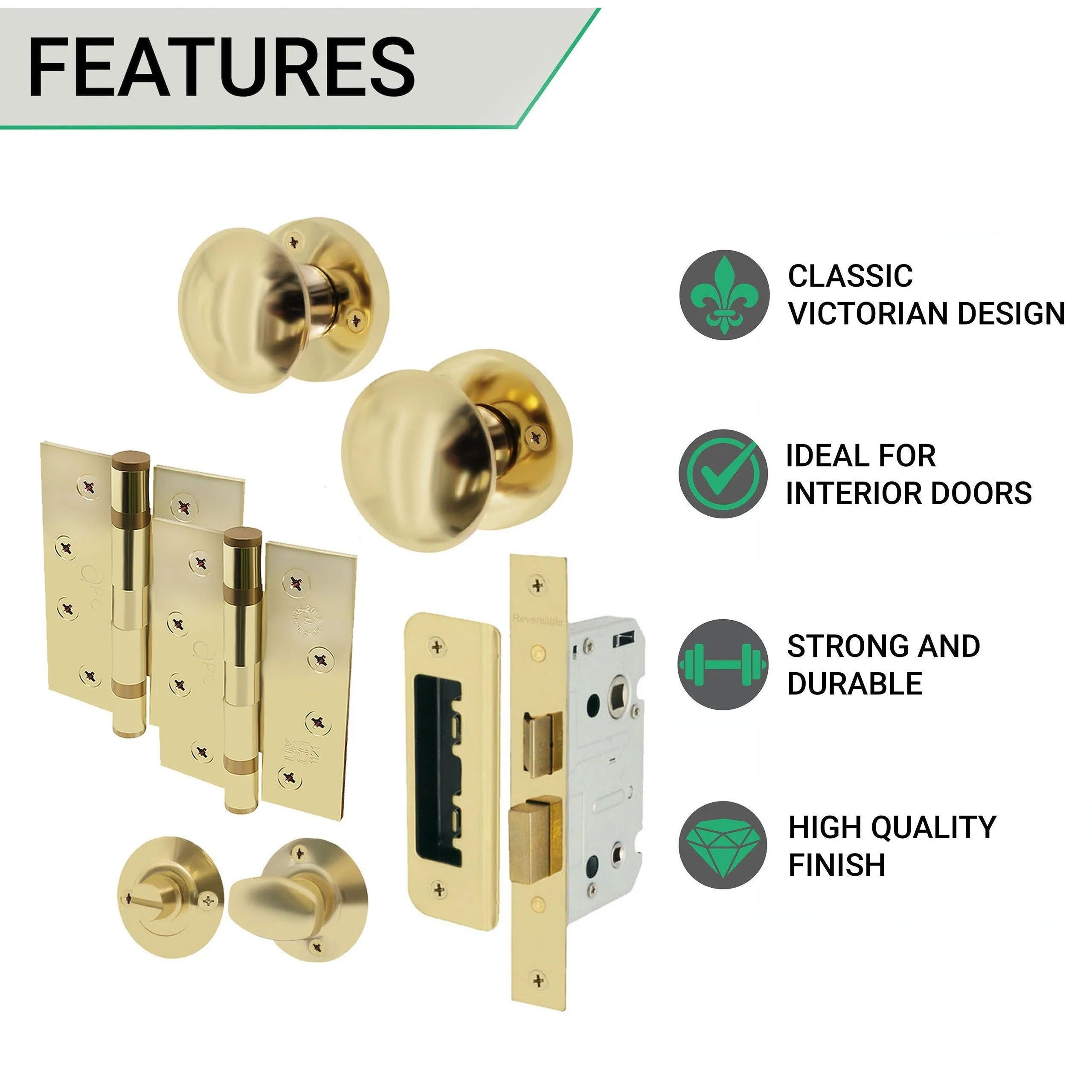 Victorian Polished Brass Mortice Door Knob Kit - 80mm Bathroom Lock - 102mm Hinges - Image 2
