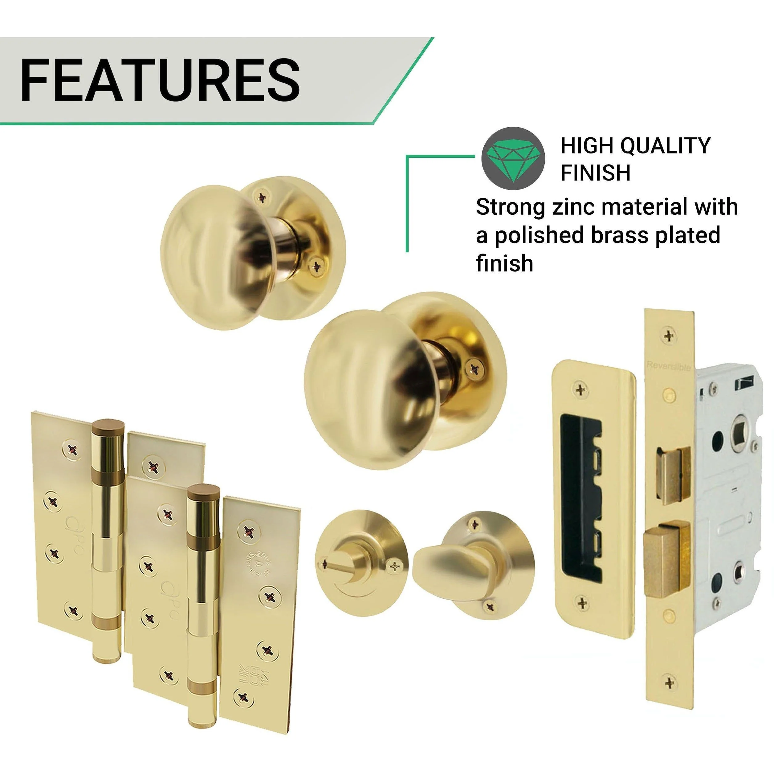 Victorian Polished Brass Mortice Door Knob Kit - 80mm Bathroom Lock - 102mm Hinges - Image 3