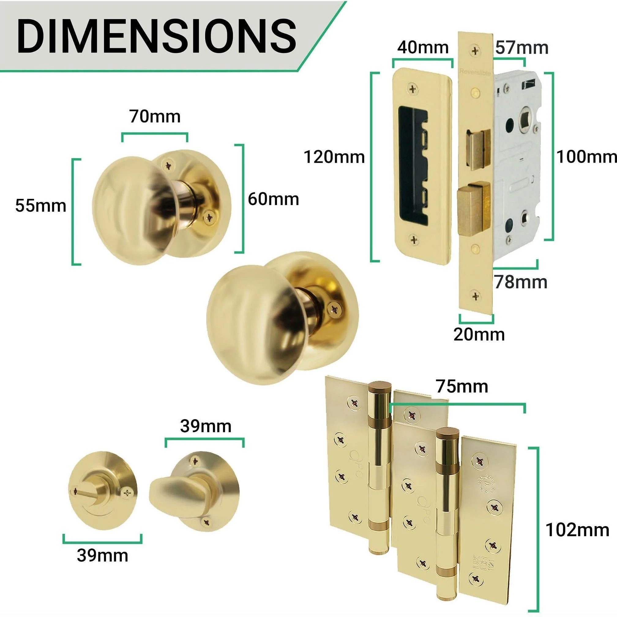 Victorian Polished Brass Mortice Door Knob Kit - 80mm Bathroom Lock - 102mm Hinges - Image 4