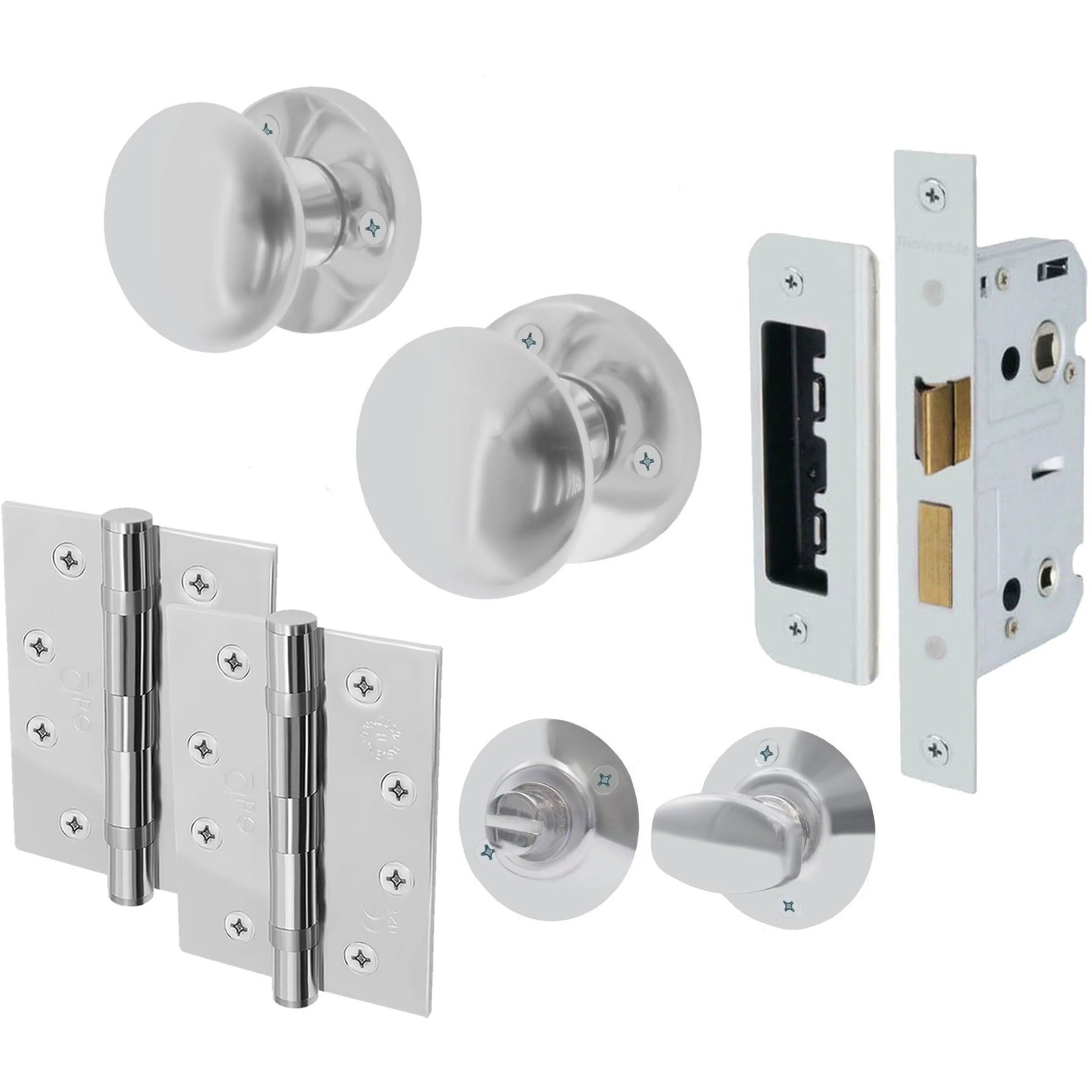 Victorian Polished Chrome Mortice Door Knob Kit - 80mm Bathroom Lock - 102mm Hinges