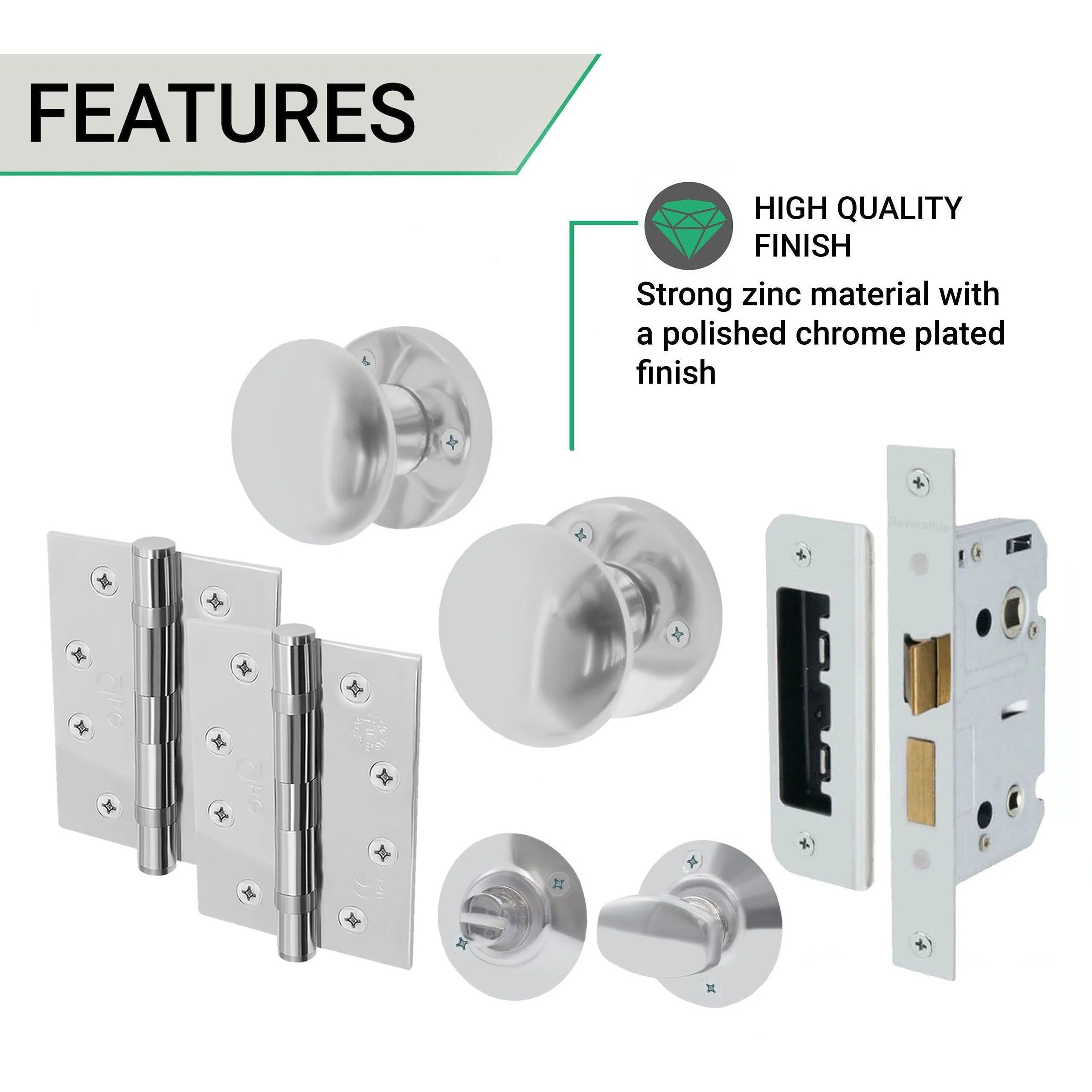 Victorian Polished Chrome Mortice Door Knob Kit - 80mm Bathroom Lock - 102mm Hinges - Image 3