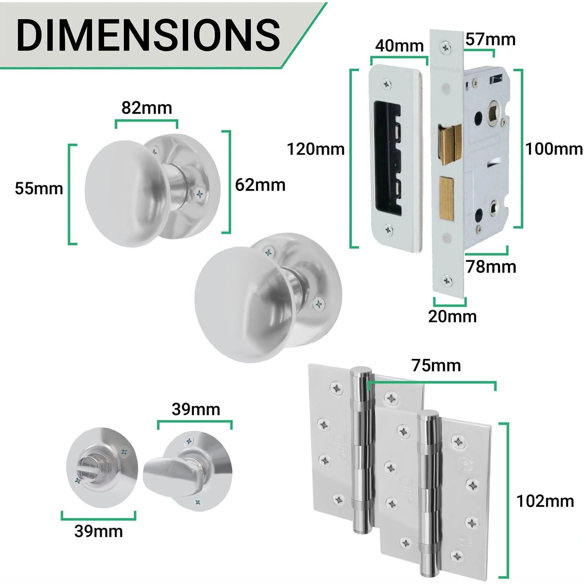 Victorian Polished Chrome Mortice Door Knob Kit - 80mm Bathroom Lock - 102mm Hinges - Image 4
