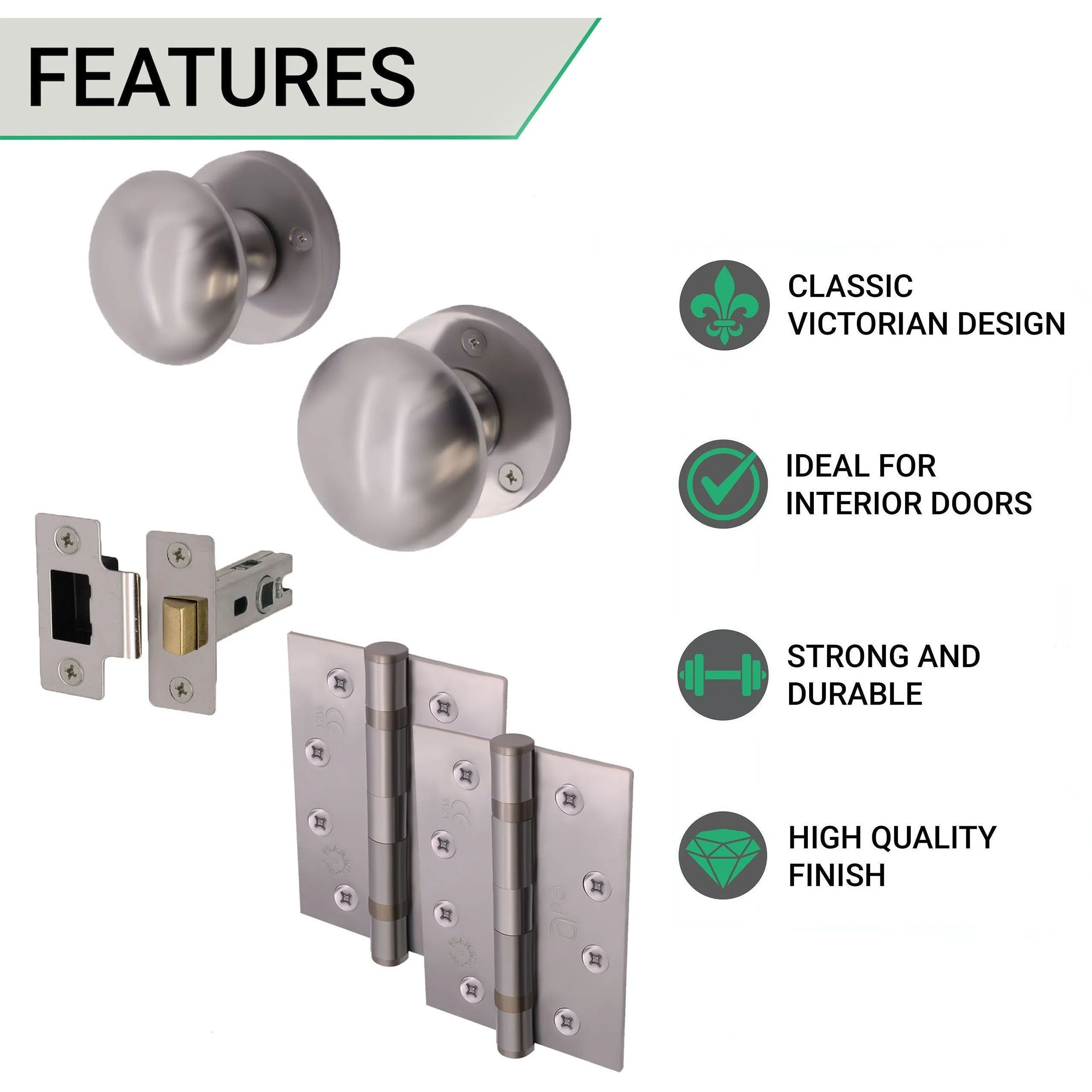 Victorian Satin Chrome Mortice Door Knob Kit - 76mm Latch - 102mm Hinges - Image 2