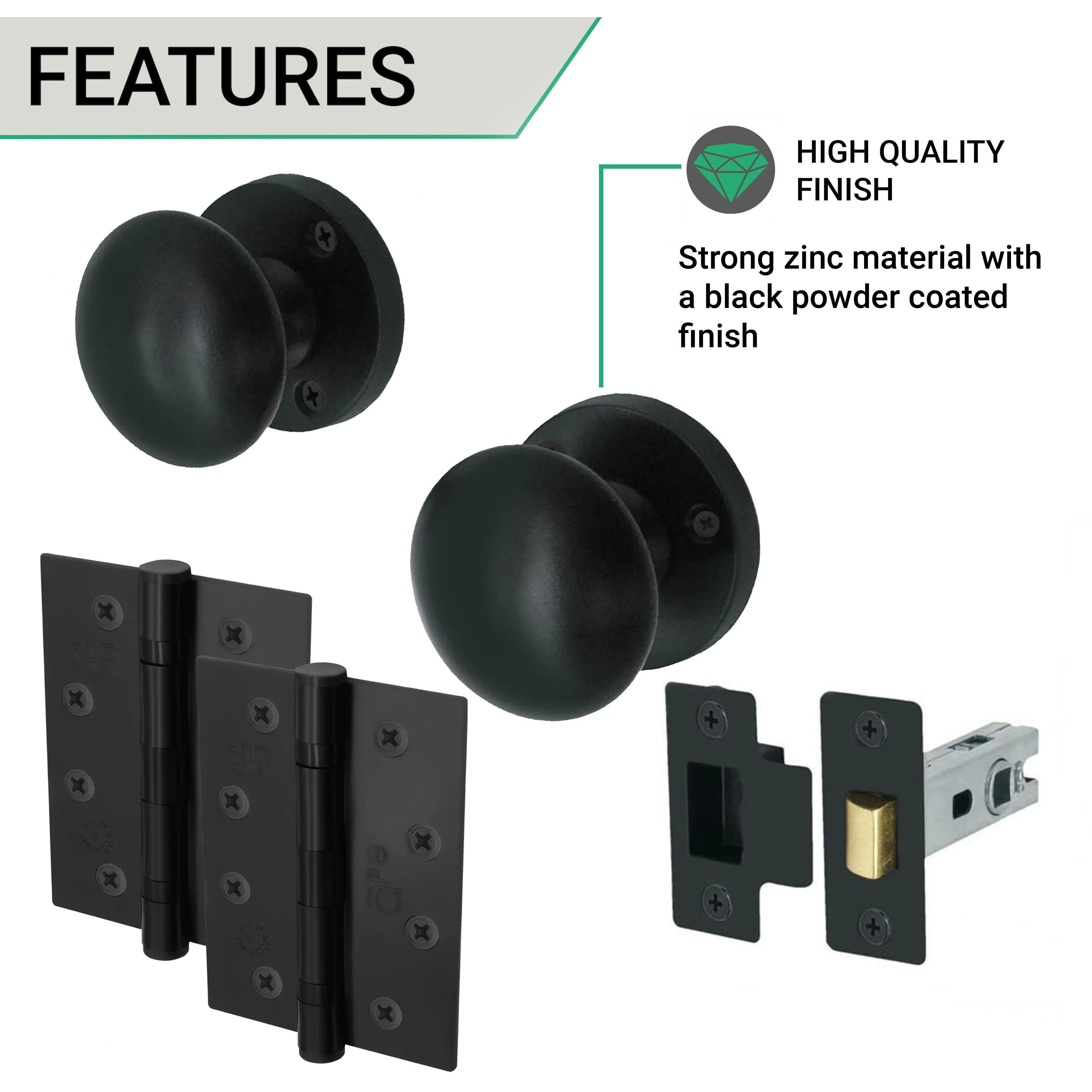 Victorian Black Mortice Door Knob Kit - 76mm Latch - 102mm Hinges - Image 3