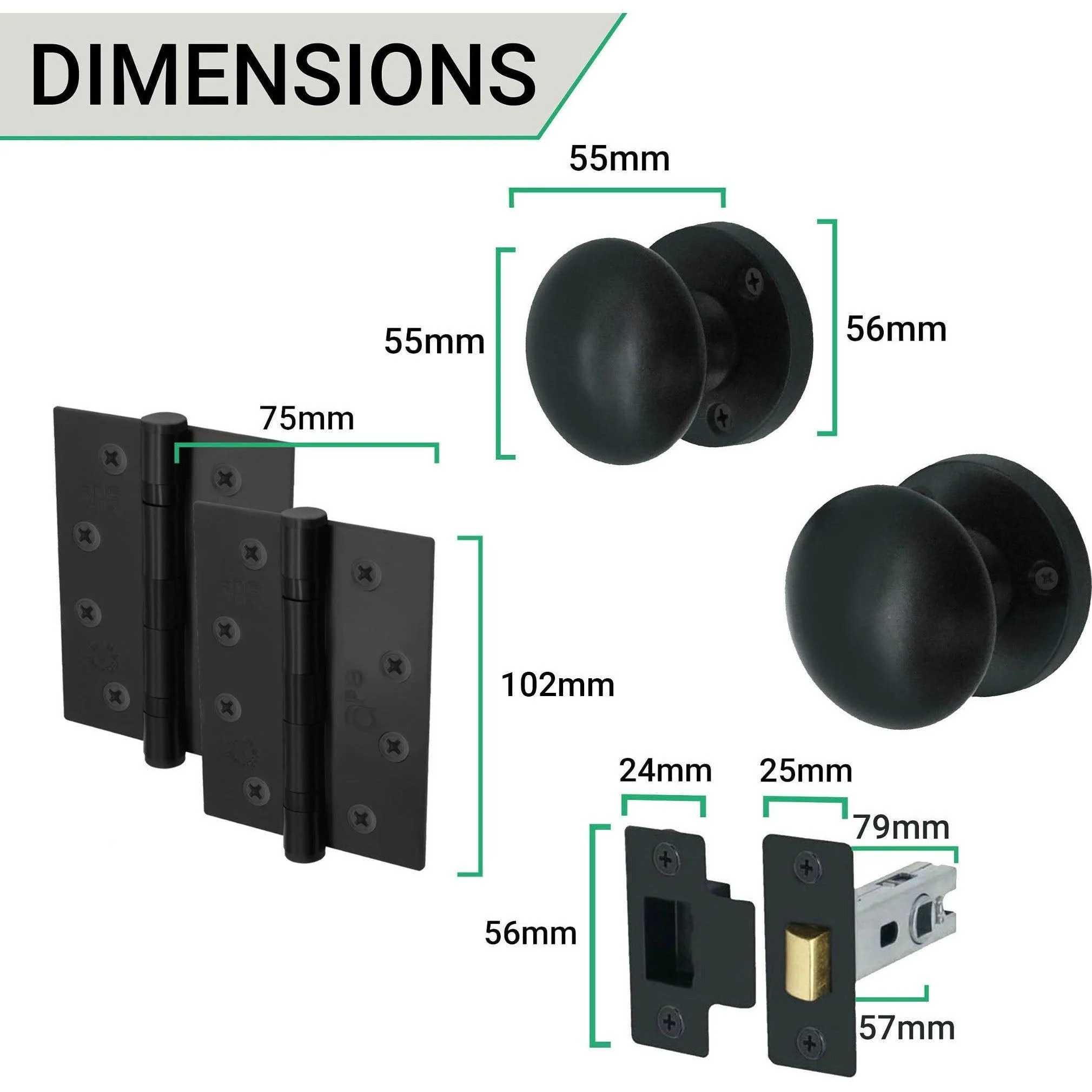 Victorian Black Mortice Door Knob Kit - 76mm Latch - 102mm Hinges - Image 4